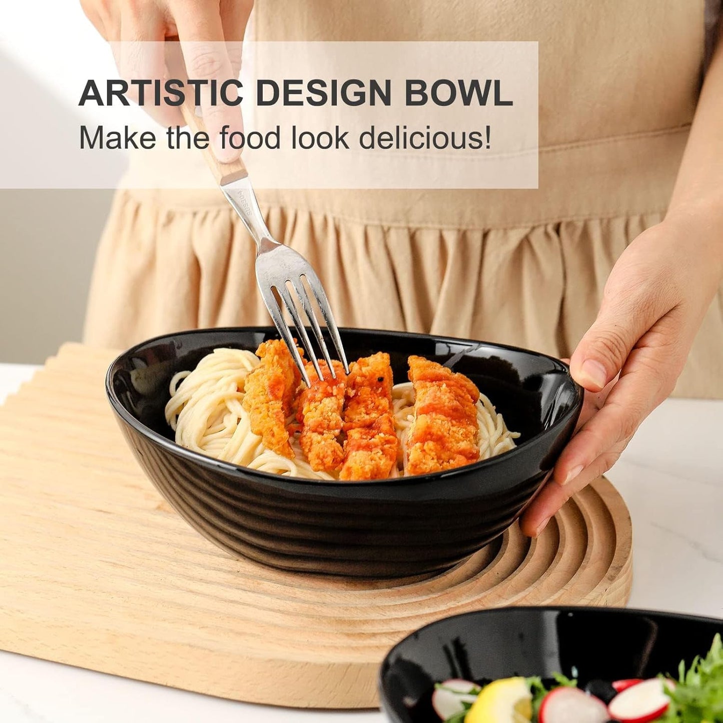 Hasense Serving Bowls, 28 oz Salad Bowls Porcelain Serving Dishes Set of 4 for Salads，Cereal,Soup,Pasta, Microwave and Dishwasher Safe, Black