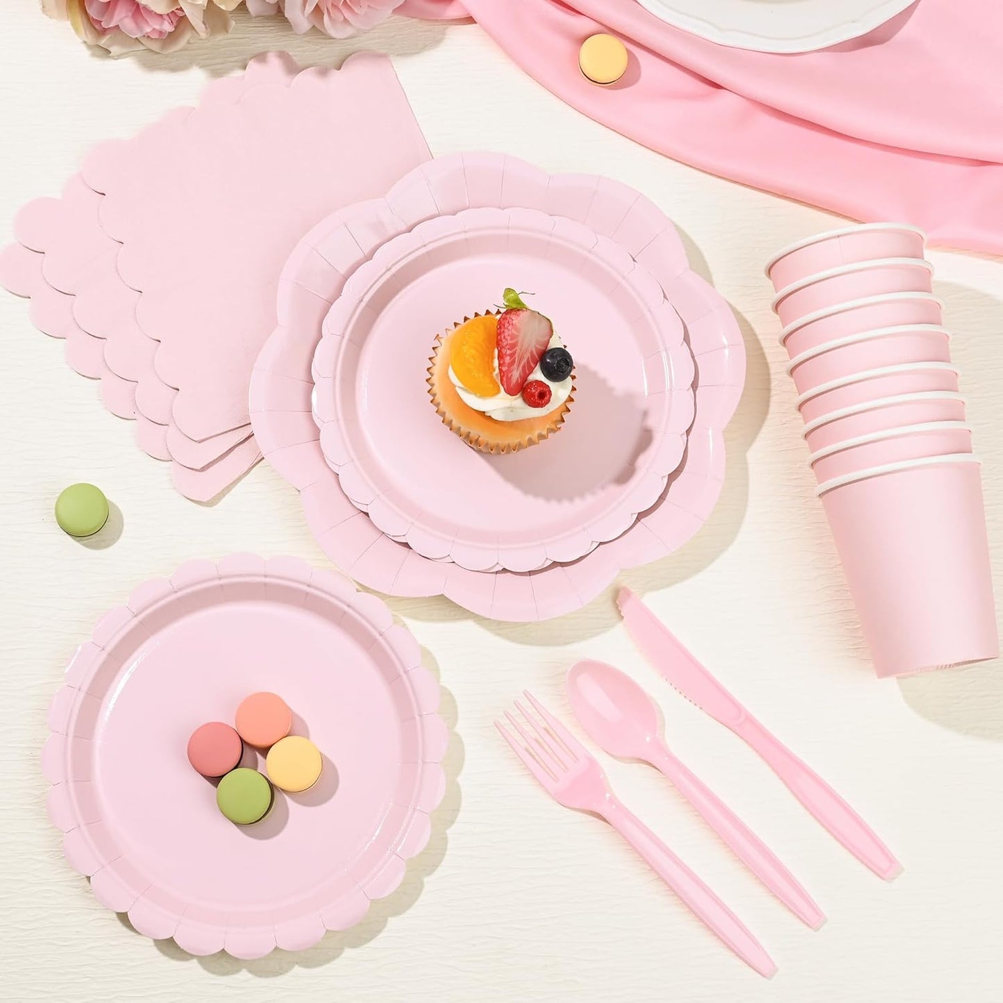 175 Pcs Light Pink Plates Cups and Napkins Set, Pink Scalloped Dessert Plates Party Supplies for 25 Guests Include Disposable Pink Party Plates Napkins Cup Cutlery for Baby Shower Wedding Birthday