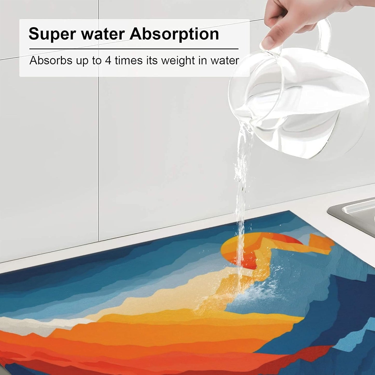 Colorful Mountains Sunset Dish Drying Mat for Kitchen Counter, 16"x18" Microfiber Absorbent Fast Dry Mat, 2Pcs Dish Mat Faucet Mats Sets, Large Drying Kitchen Mat Kitchen Drying Pad Coffee Bar Decor