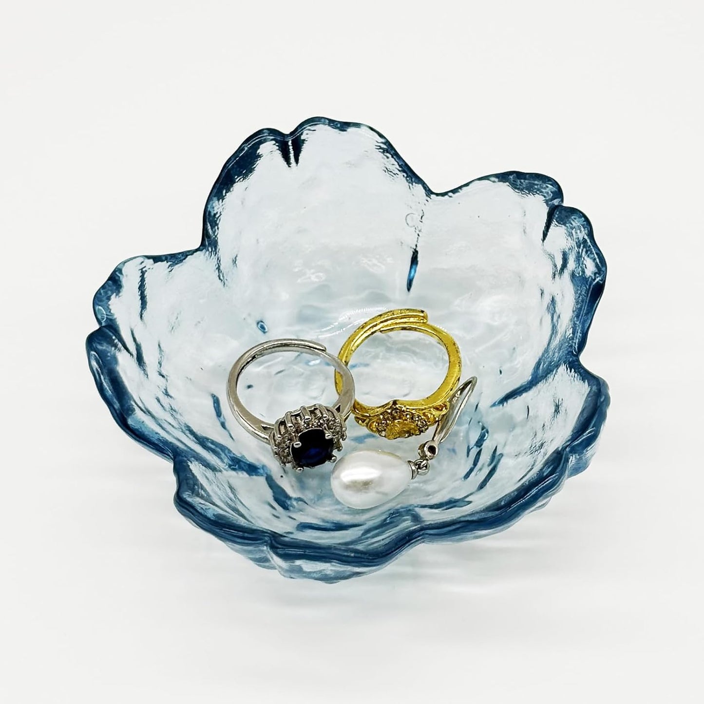 Flower Ring Dish Jewelry Tray, Glass Jewelry Dish Tray, Aesthetic Room Decor Small Trinket Dish, Nightstand Jewlery Ring Holder Dish, Bathroom Jewelry Plate Bowl for Rings Earrings Wife Gift (Blue)