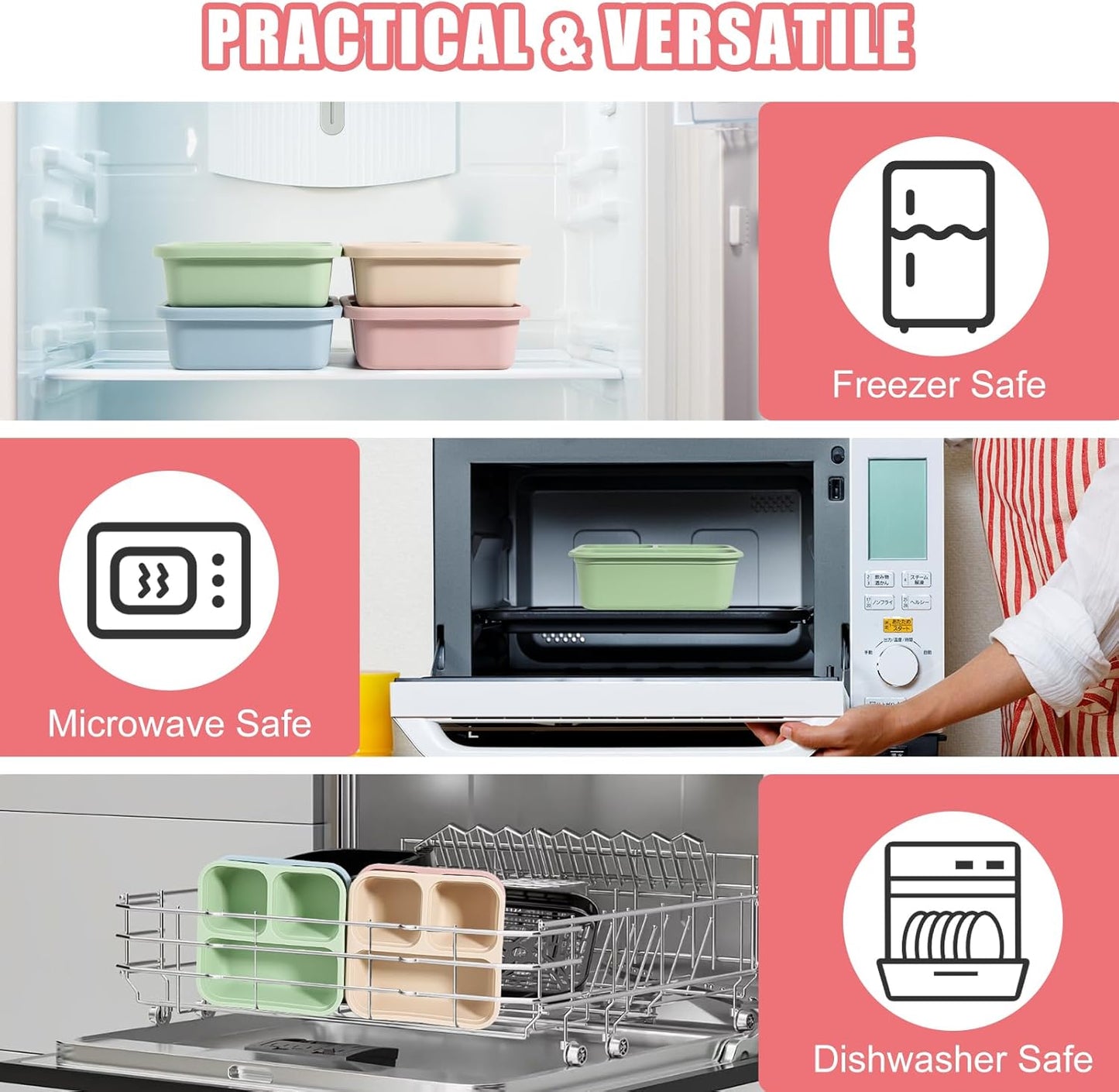 4Piece Silicone Snack Container with Lids, 3 Compartment Snack Container, is Perfect for Lunch Salads, Snack Boxes, and Ideal for Travel, Office, and Picnics.（Lightweight Stackable ）