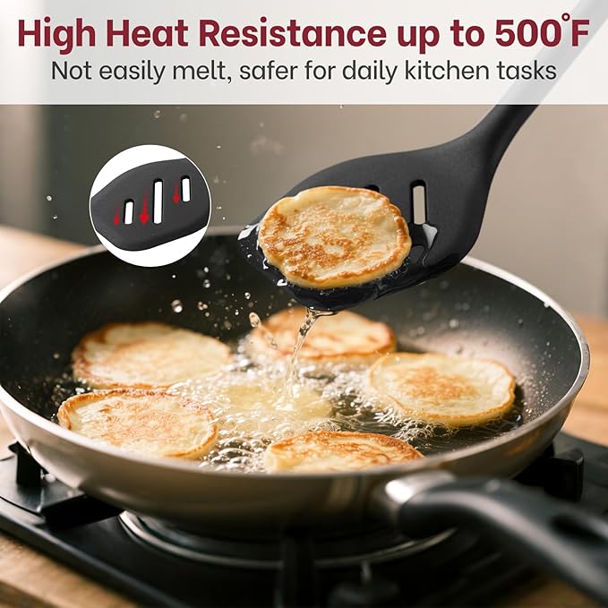 Silicone Spatula Set (BPA-Free), Ultra Heat Resistant Spatulas for Non-Stick Pans, 2 Pack Solid & Slotted Silicone Turner, One-Piece Cooking Spatula Turners for Kitchen Use, Black