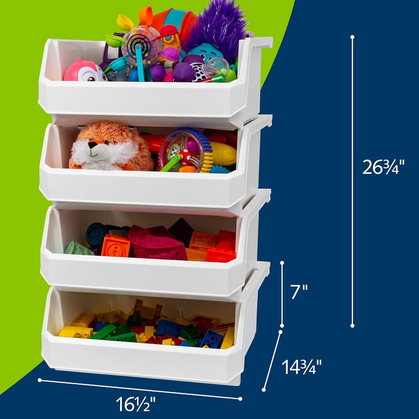 Plastic Containers for Organizing and Storage Bins for Closet, Kitchen, Office, Garage or Pantry Organization, Stackable Bins, Extra Large (14.8" x 16.5" x 7"), 4-Pack, White