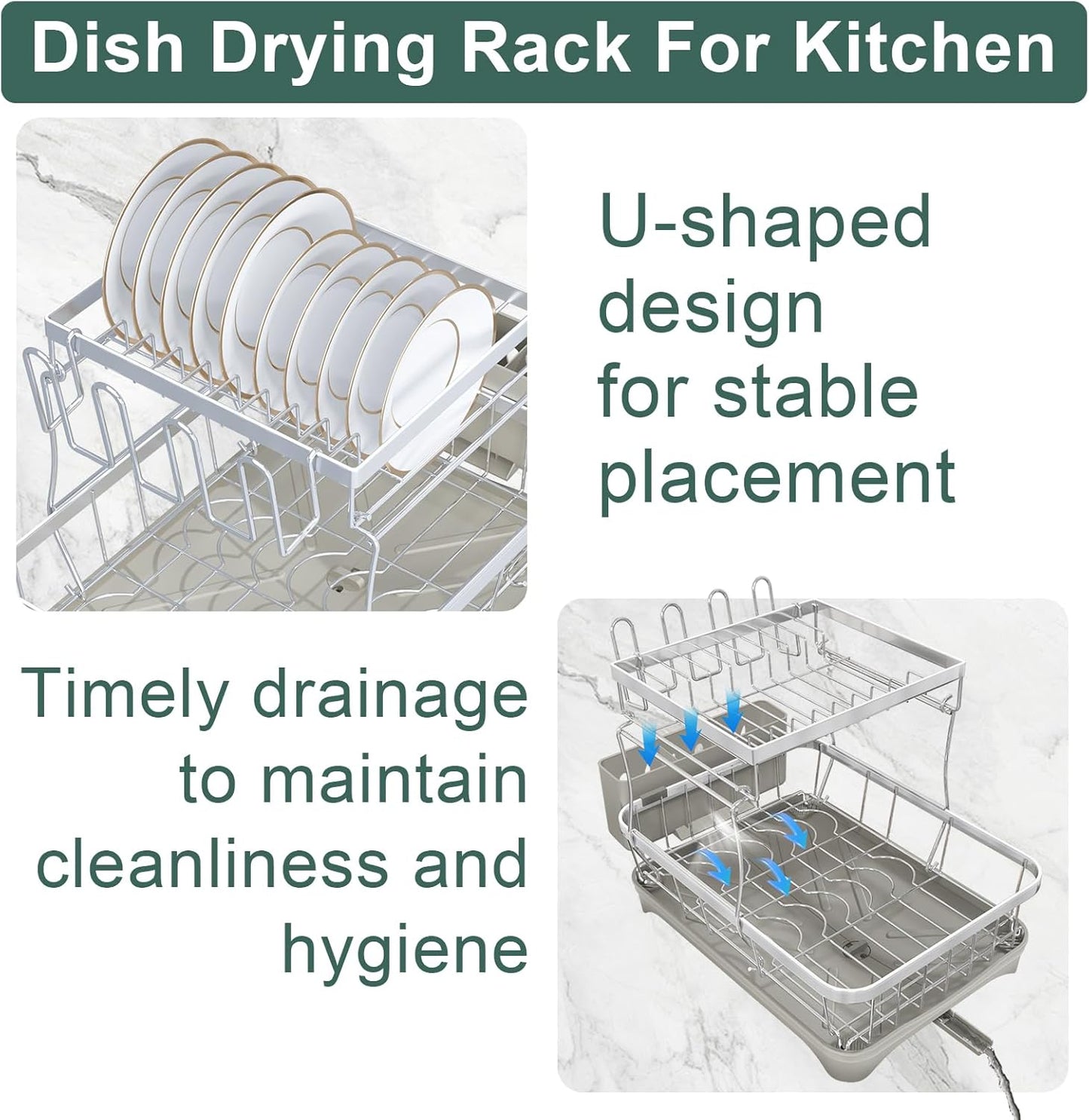 LIYI Dish Drying Rack,Large Dish Rack for Kitchen Counter,2-Tier Dish Racks with draining Tray,Detachable Capacity Dish Drainer Organizer,Grey