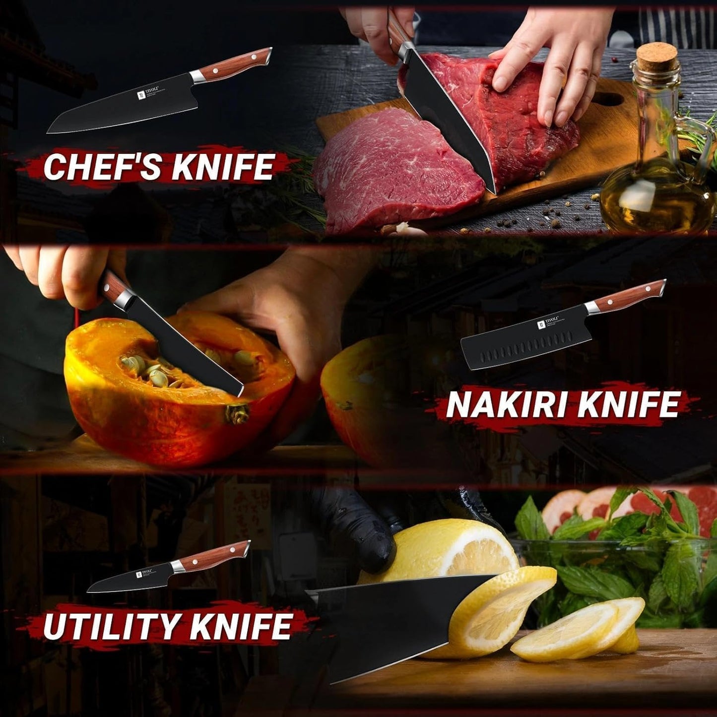 TIVOLI Chef Knife Set, Professional 3PC Kitchen Knife Set, High Carbon Steel Ultra Sharp Deep Cooking Knife Set with Ergonomic Wood Handle for Meat Vegetable Fruit, Dad Mom Gift