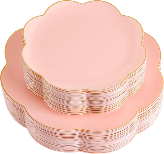 60pcs Pink Plastic Plates with Gold Rim Heavy Duty Scalloped Plastic Plates Disposable Includes:30 Dinner and 30 Dessert Plate Perfect for Birthday and Wedding ,Pink Graduation Decorations 2025