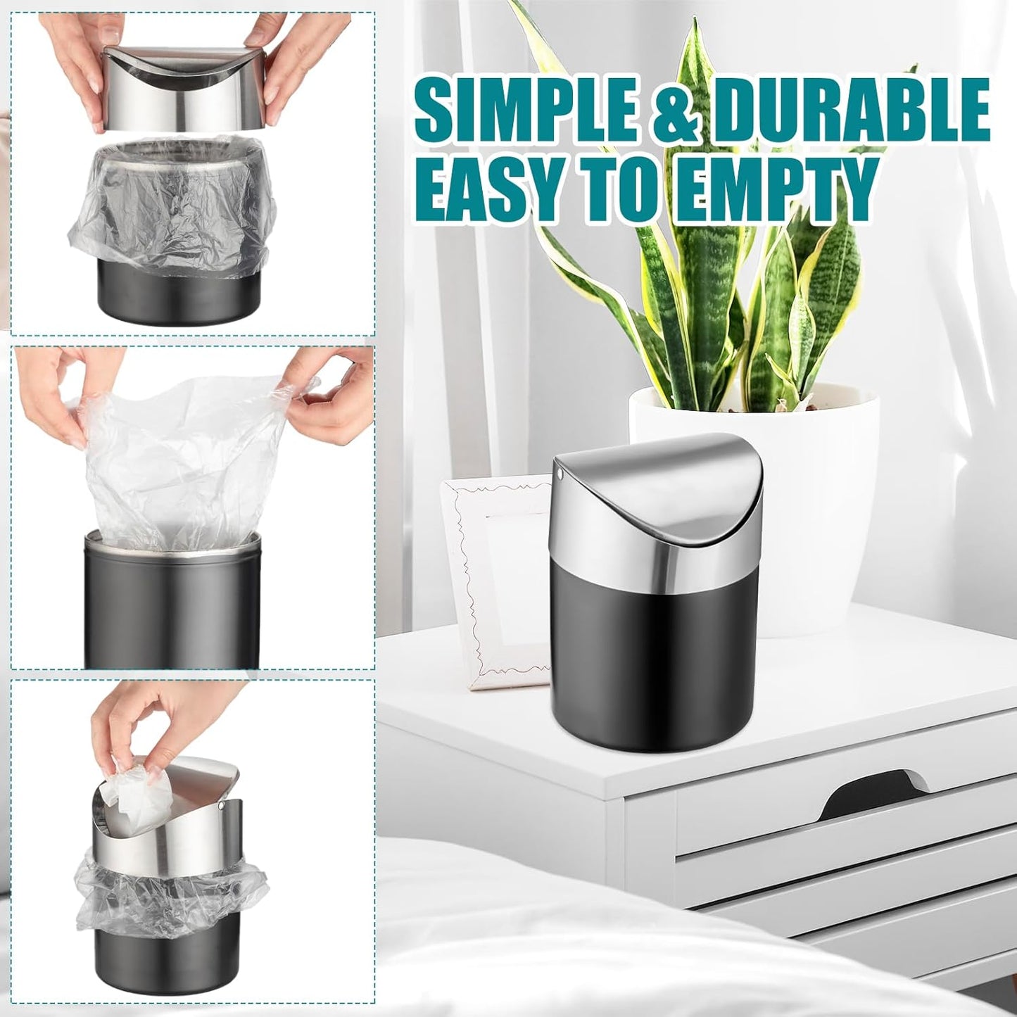 2 Pcs Desk Trash Can with Swing Lids, 12 Rolls of Trash Bags, 2L Brushed Stainless Steel Countertop Garbage Bin Small Wastebasket with Lid for Office Desk, Coffee Table(Matte Black)