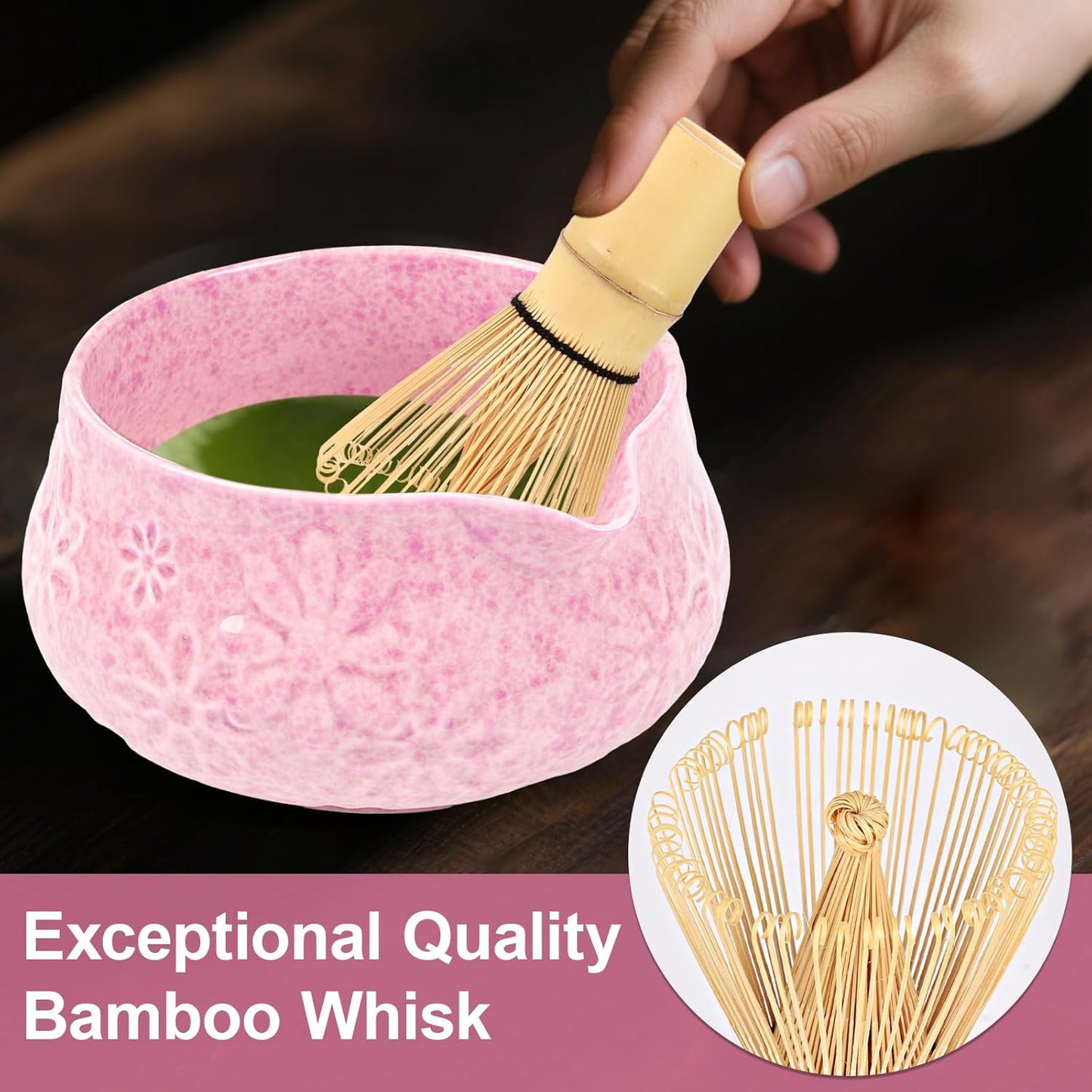 Matcha Whisk Set, 7 Pcs Matcha Kit Includes Matcha Bowl, Whisk and Holder, Bamboo Scoop, Scoop Rest, Sifter and Tea Towel, Gift for Matcha Lover (Pink)