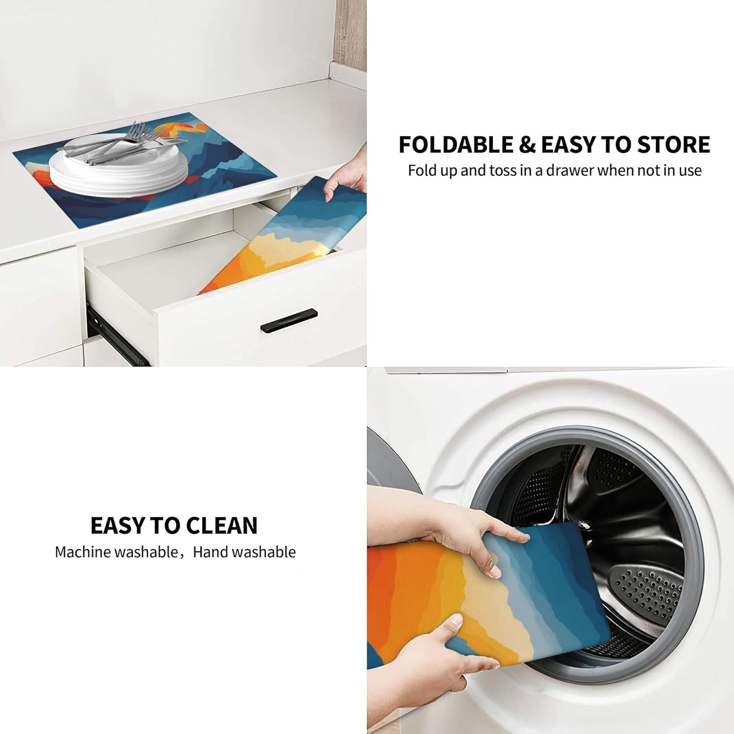 Colorful Mountains Sunset Dish Drying Mat for Kitchen Counter, 16"x18" Microfiber Absorbent Fast Dry Mat, 2Pcs Dish Mat Faucet Mats Sets, Large Drying Kitchen Mat Kitchen Drying Pad Coffee Bar Decor