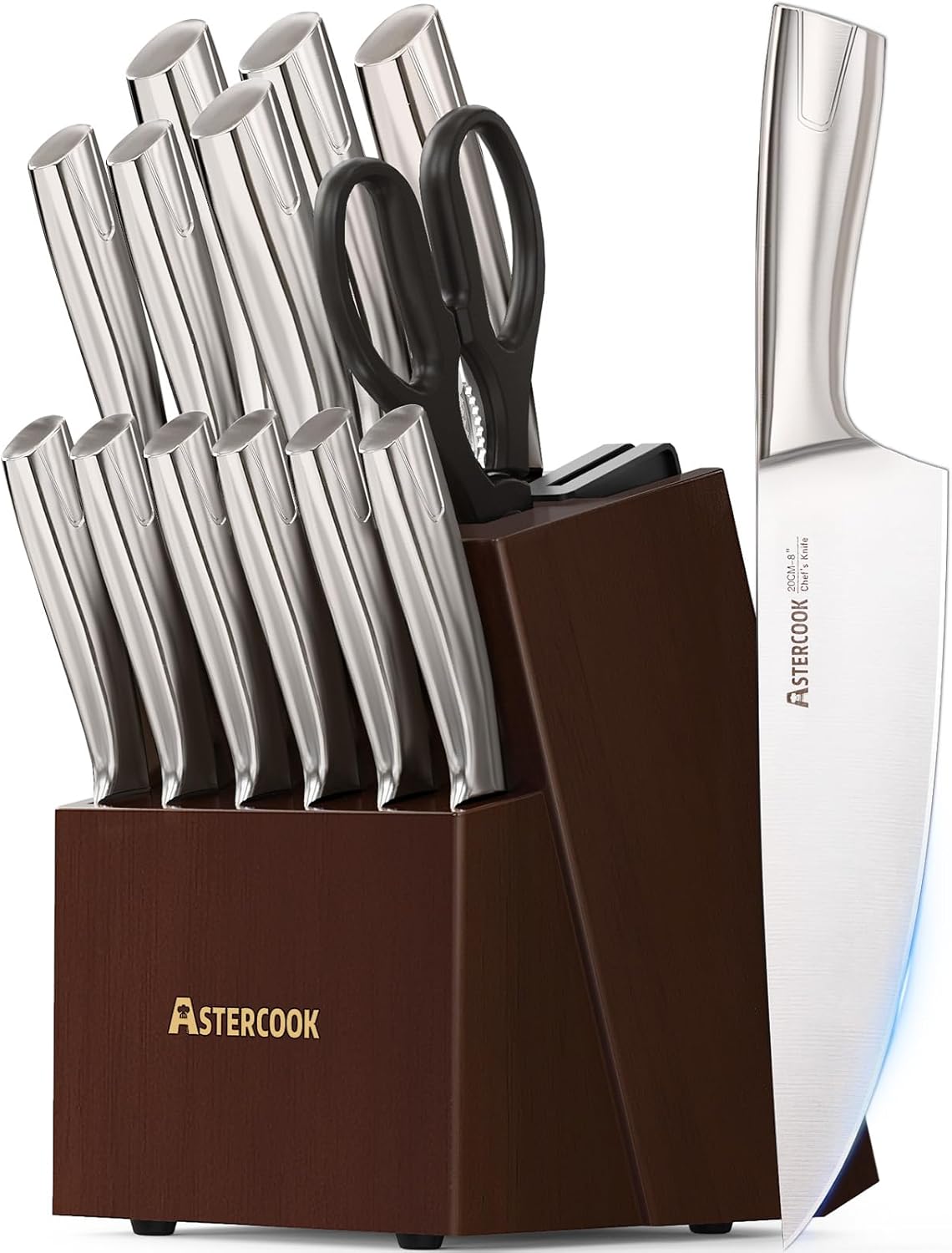 Astercook Knife Set, Kitchen Knives Set with Block and Sharpener Full Tang 15 Pcs Premium Stainless Steel Knives Ultra Sharp Blade Dishwasher Safe Knife Set with Anti-slip Ergonomic Handle, Walnut