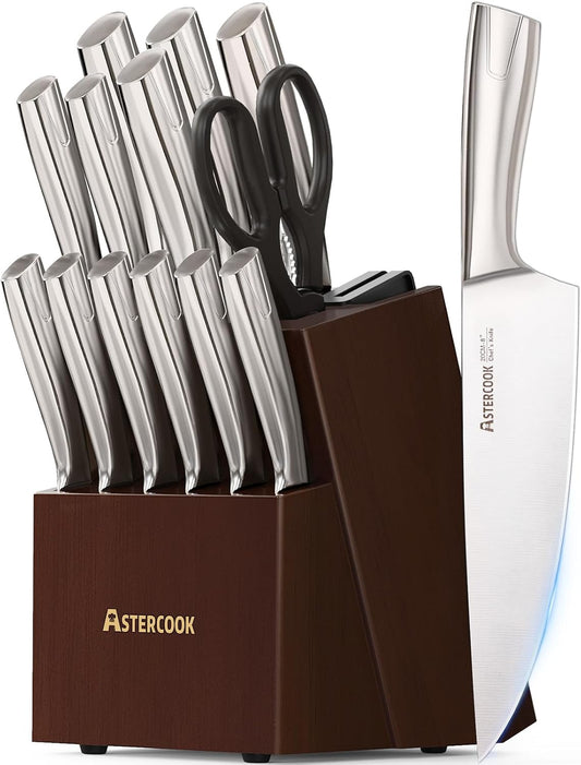 Astercook Knife Set, Kitchen Knives Set with Block and Sharpener Full Tang 15 Pcs Premium Stainless Steel Knives Ultra Sharp Blade Dishwasher Safe Knife Set with Anti-slip Ergonomic Handle, Walnut