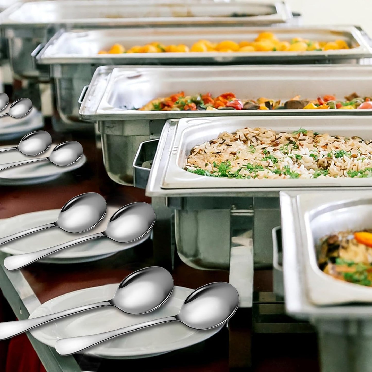 Stainless Steel Serving Spoons Set, 8pc, 10-Inch, Includes 8 Large Spoons, for Parties/Kitchen/Buffet/Catering, Dishwasher Safe