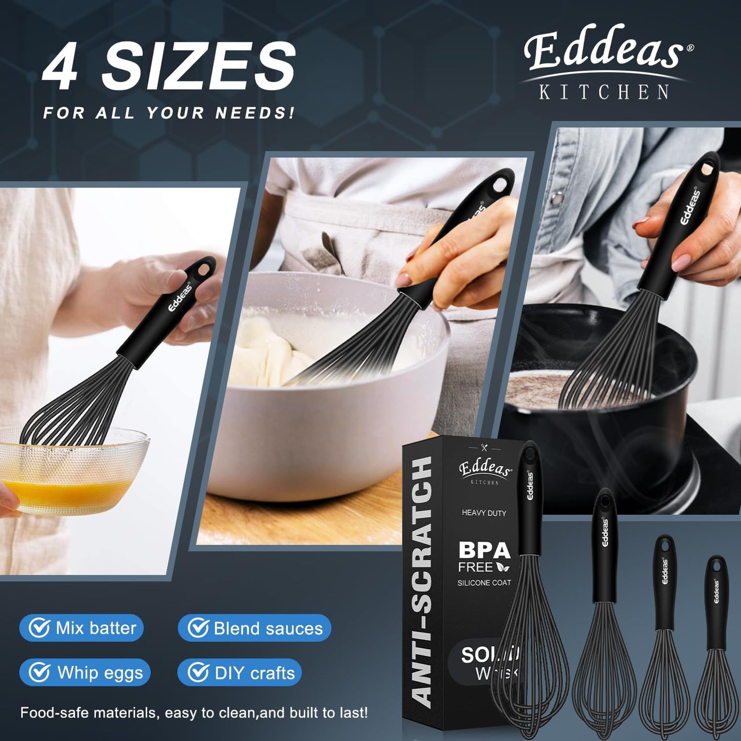 Silicone Whisk - Non Scratch Whisks for Cooking, 500°F Heat Resistant Siliocne Wisk tool, Heavy Duty Kitchen Whisks, for Blending, Beating, set of 4 (5+7+9+11 inch) Black