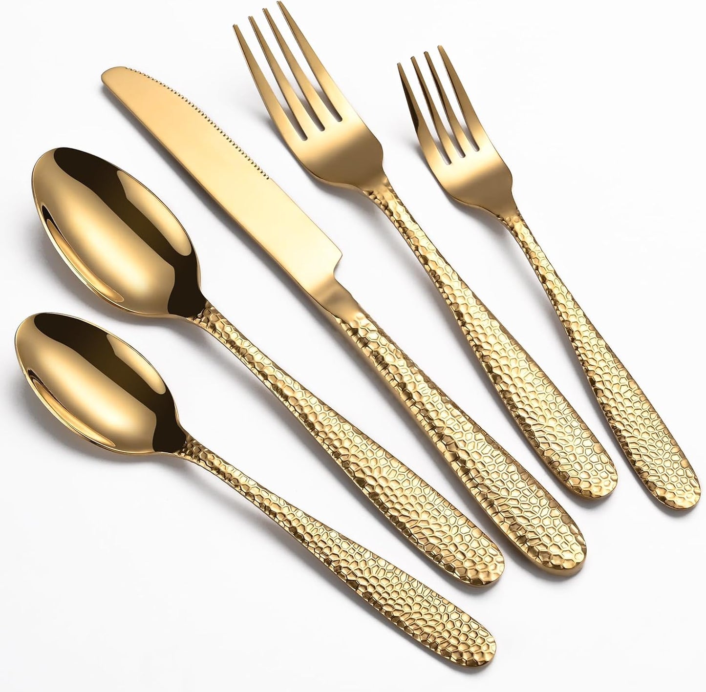Gold Hammered Silverware Set, 20-Piece Heavy Duty Stainless Steel Flatware Sets for 4, Food-Grade Cutlery Set for Home Restaurant, Mirror Polished, Dishwasher Safe