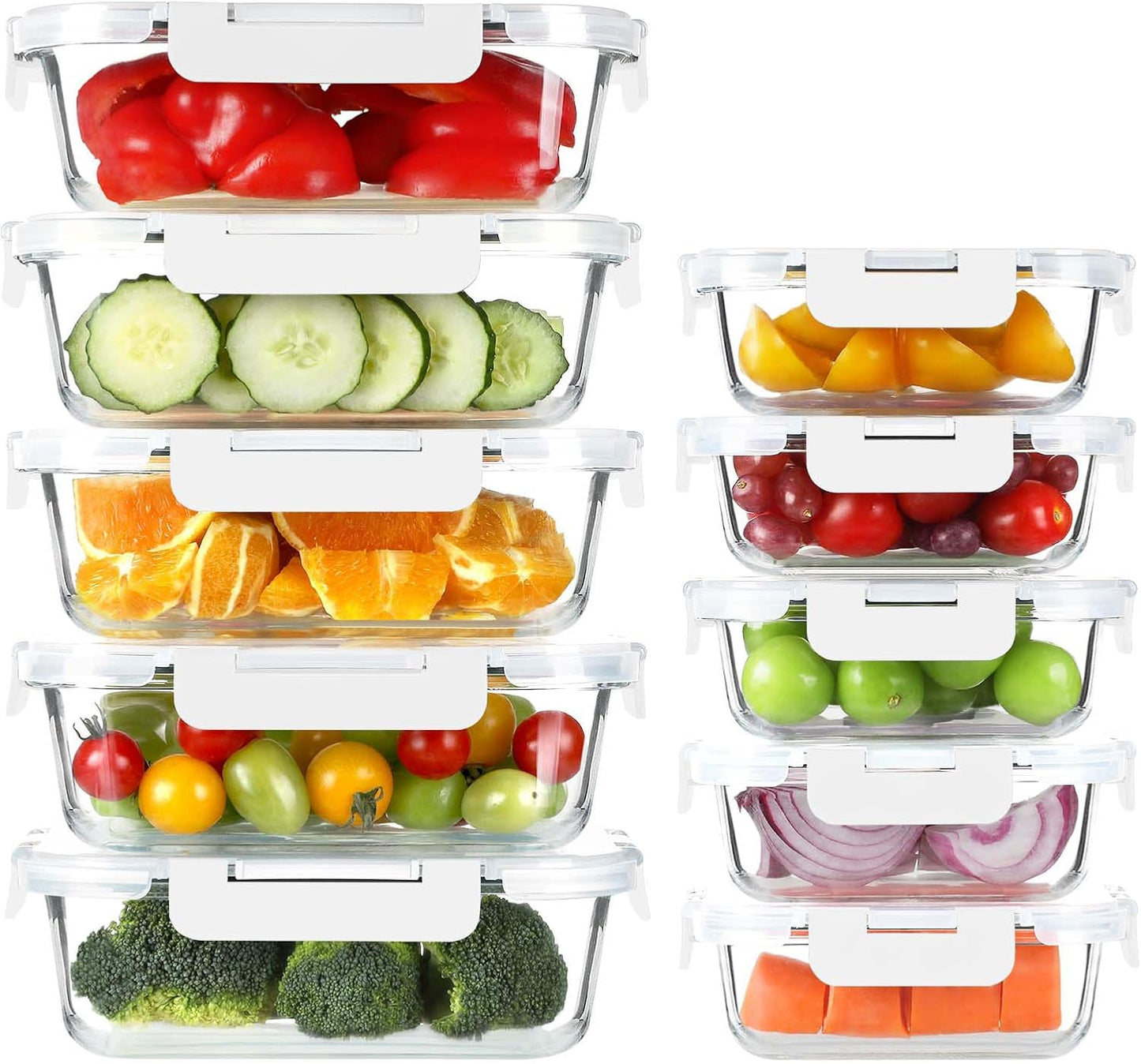BAYZZ 10 Pack Glass Meal Prep Containers, Glass Food Storage Containers with Lids, Airtight Lunch Box, Freezer,Oven,Microwave and Dishwasher Safe,White