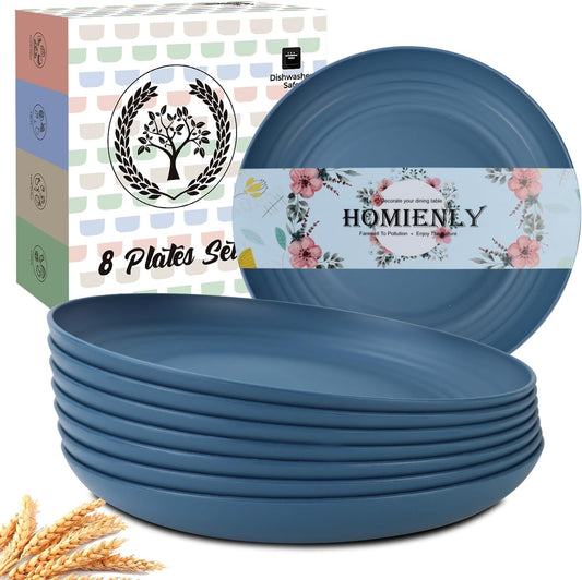 Homienly Deep Dinner Plates Set of 8-9 inch Alternative for Plastic Plates Microwave and Dishwasher Safe Wheat Straw Plates for Kitchen Unbreakable Plate Set (Blue)