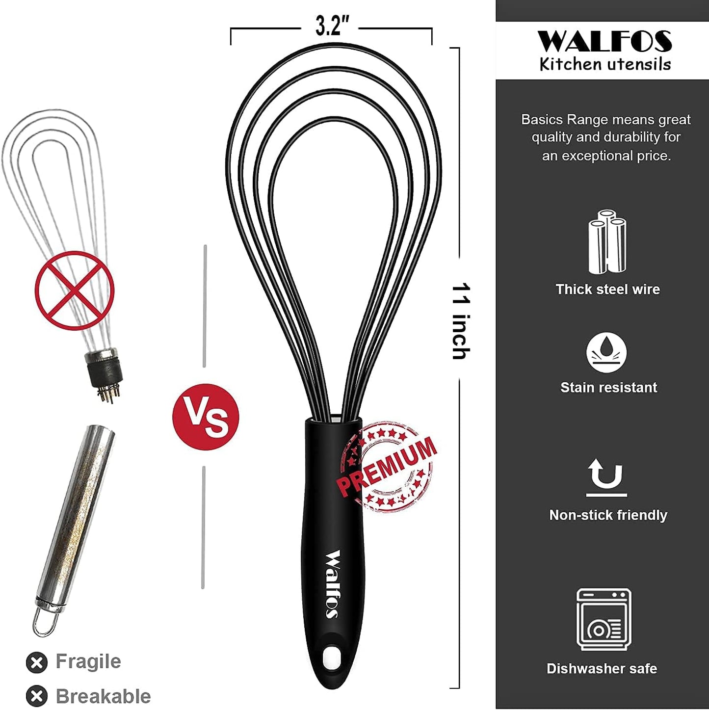 Walfos Silicone Flat Whisk,11inch Flat Whisk Non Scratch Coated Flat Whisks for Cooking.Great for Ceramic Coated pans and Wider shallower pots.Black