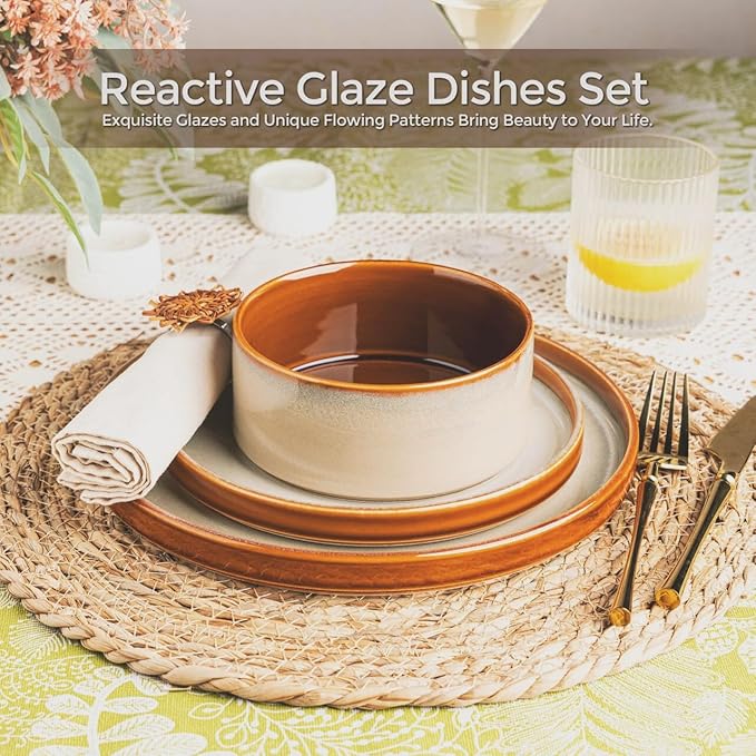 LeRatio Ceramic Dinnerware Sets for 4,Round Reactive Glaze Ceramic Plates and Bowls Set,Highly Chip and Crack Resistant | Dishwasher & Microwave Safe Dishes Set,Service for 4 (12pc)-Kahki