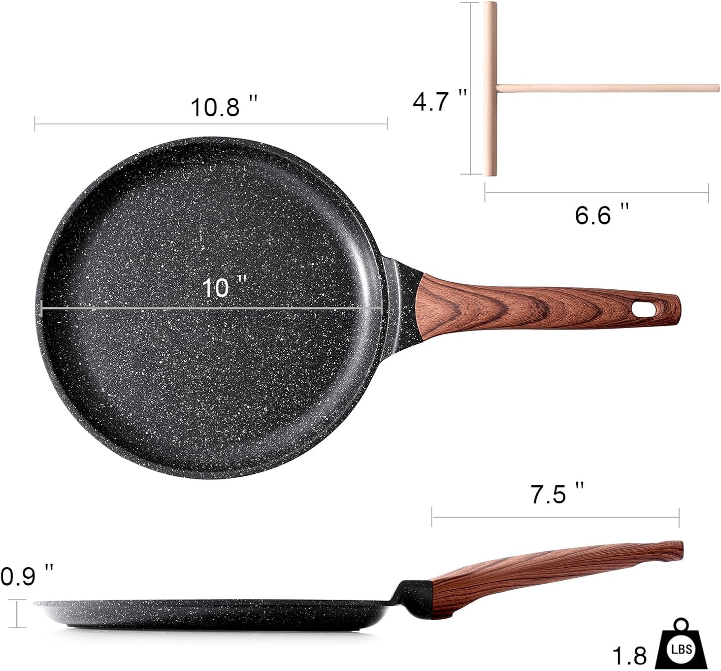 Kordisen Crepe Pan Nonstick, 10 Inch Dosa Pan with Spreader, Granite Coating Comales Para Tortillas Pancake Pan, Flat Bottom for Stove Top, Induction Compatible, PFOA Free