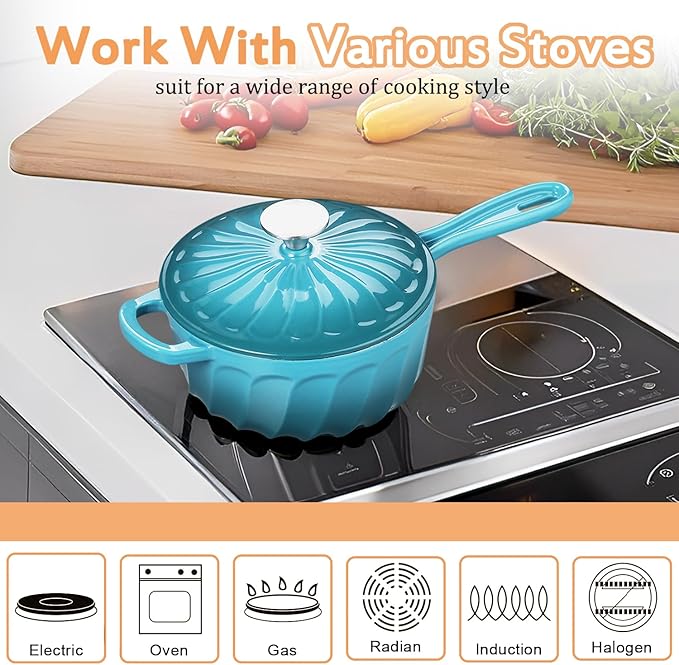 Enameled Cast Iron Sauce Pan, 2 Quart Enameled Saucepan with Lid, Mini Dutch Oven Enamel Saucepan for Cooking Pasta Sauce, Gravy, Puddings, Marinate, Boiling (Blue Green)