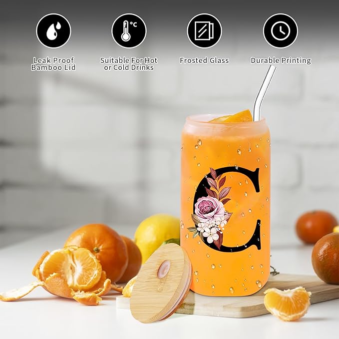 Monogrammed Glass Drinking Cup With Lid Straw Girlfriend Gf Gifts Future Mrs for Her Women Boyfriend 1 One Year Anniversary Meaningful Cute Romantic Christmas Xmas First Valentines I Love You More,C