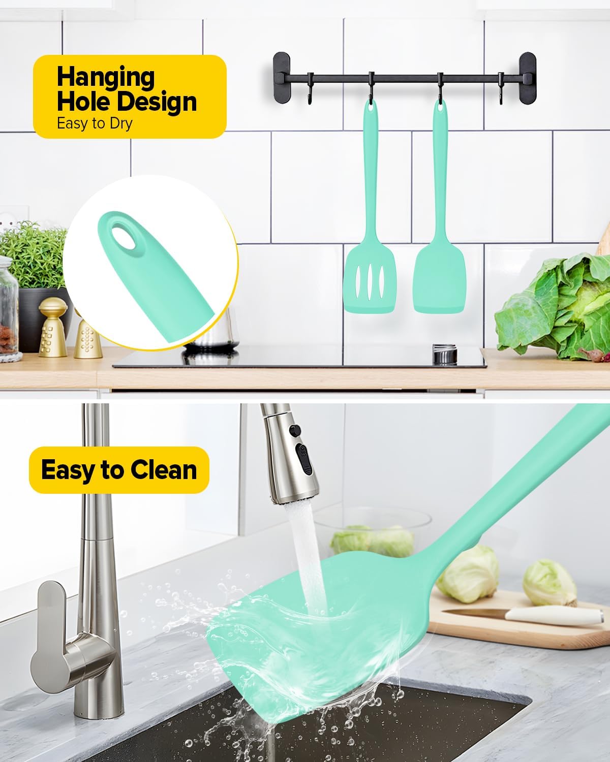 Pack of 2 Silicone Spatula Turners, Non Stick Slotted Kitchen Spatula Set, Heat Resistant BPA Free Kitchen Utensils, One-Piece Design, Suitable for Flipping Fish, Eggs, Steak, Pancakes (GREEN)