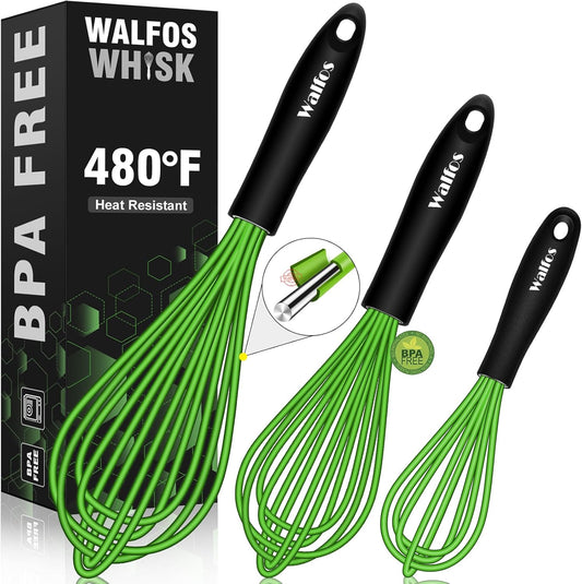 Walfos Silicone Whisk, Rubber Whisks for Cooking, Baking (11,9,8.5 inch) - Heat Resistant Kitchen Whisks for Non-stick Cookware, Balloon Egg Beater Perfect for Blending, Whisking, Beating, Frothing