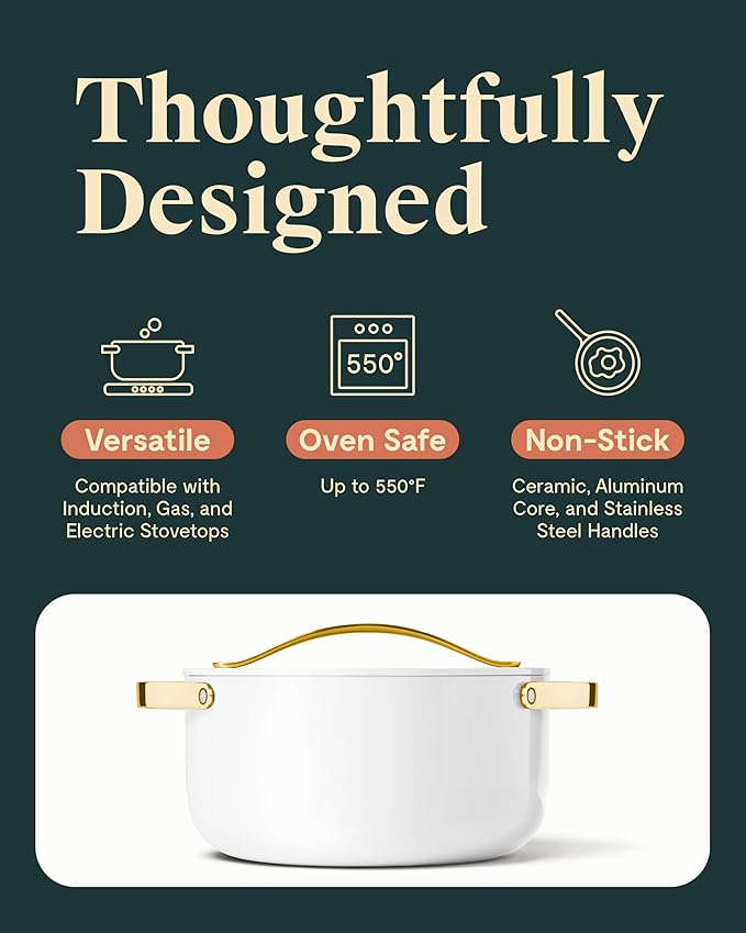 Caraway Nonstick Ceramic Dutch Oven Pot with Lid (6.5 qt, 10.5") - Non Toxic, PTFE & PFOA Free - Oven Safe & Compatible with All Stovetops (Gas, Electric & Induction) - White