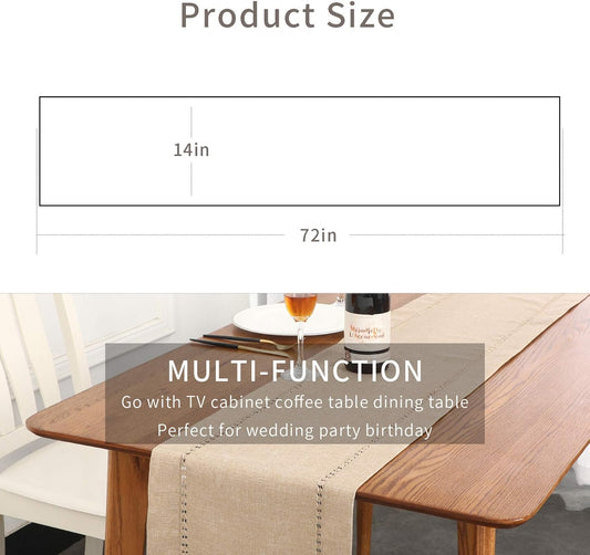 Tosewever Decorative Hemstitch Linen Table Runner Farmhouse Style Tabletop Collection Handcrafted Table Runners for Everyday Dining Wedding Party Holiday Home Decor (14 x 72 Inches, Light Coffee)