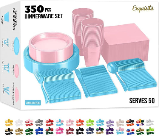 Party Solids 350 Pieces Gender Reveal Plastic Plates For Party, Gender Reveal Disposable Plates Set, 50 Of Each 9" Dinner Plate Set, 7" Dessert Plate, Cups, Napkins & Cutlery Plastic Dinnerware