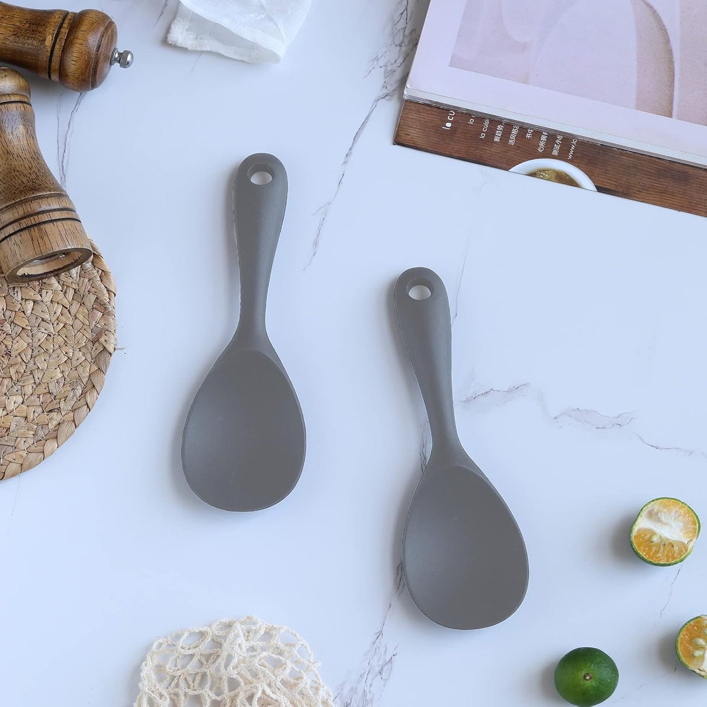 Dioycli Rice Paddle Nonstick Spatula - Heat Resistant Silicone Spoon, Kitchen Cooking Grey Scooper for Soup, Salads, Mashed Potato (2 Pcs)