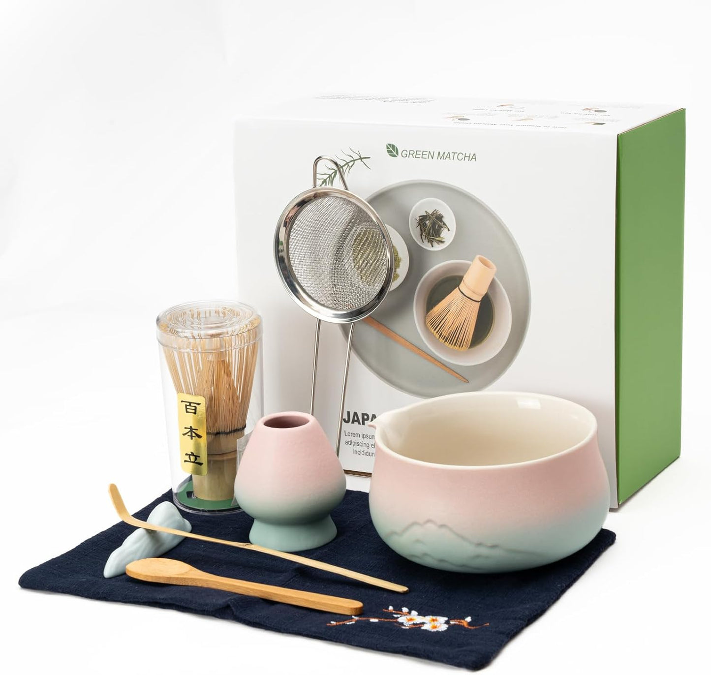 Matcha Whisk Set, Matcha Bowl with Spout, 8PCS Matcha kit, Matcha Whisk and Bowl, Matcha Chasen, Bamboo Scoop, Scoop Rest, Sifter and Tea Towel, Gifts and Ceremony Set for Macha Lovers.(Gradient)