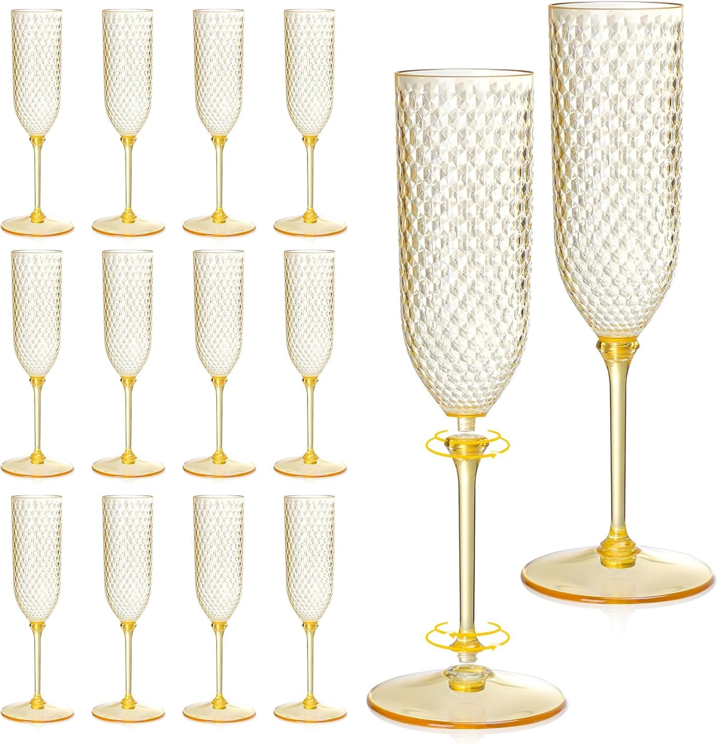 XUWAIDSGN 24 Pack Amber Detachable 2 piece Champagne Flutes 5.5 Oz Unbreakable Plastic Mimosa Disposable Champagne Glasses Drinking Cups Stemmed Reusable Wine Toasting Glasses for Wedding (24, Amber)