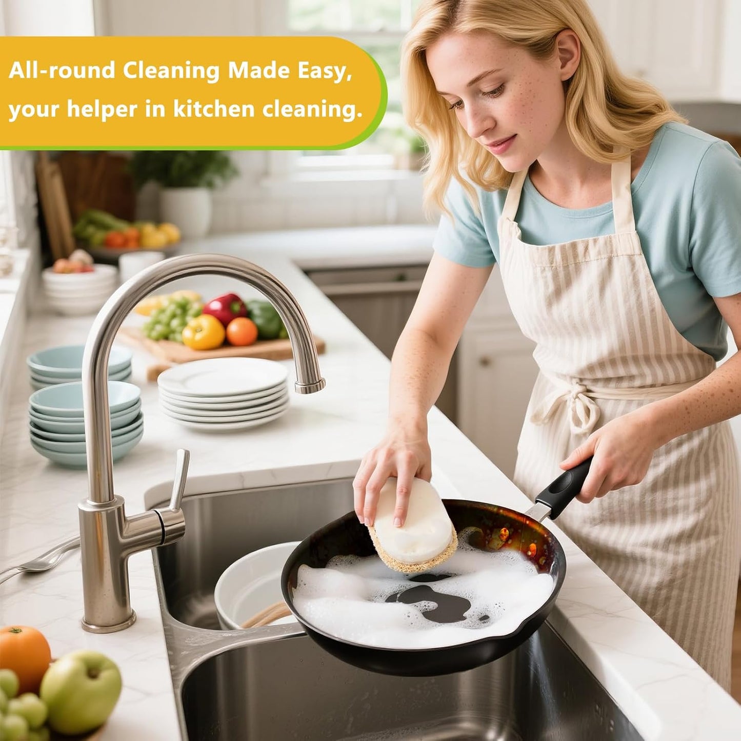 Natural Scrub Sponges Kitchen, Dual-Sided Loofah Dish Sponge - Plastic-Free, Scrubbing Power Without Scratching - 4 Pack White