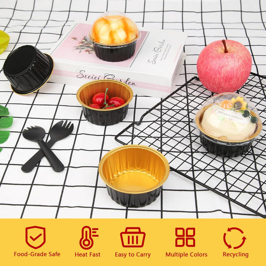 5oz Foil Ramekins with Lids 50 Pack,Free-Air Aluminum Foil Cupcake Liners Muffin Cups,Disposable Muffin Tins Jumbo Cupcake Baking Cups Muffin Pans for Custard Creme Brulee,with 50 Spoons-Black