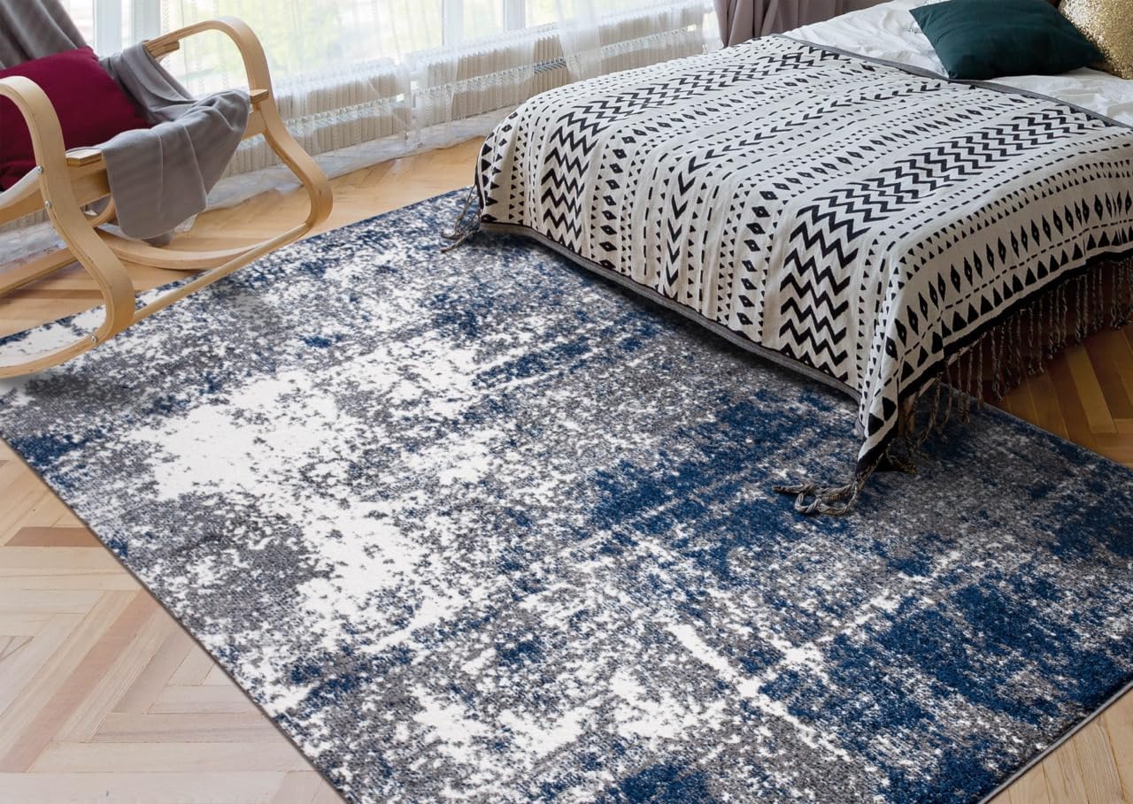 Keen Home Design Area Rugs - 8x10 Non-Shedding, Abstract Rugs for Kitchen, Living Room, Bedroom, Dining Room, Entryway - Size: 7'3" x 10'2", Navy/Grey/White
