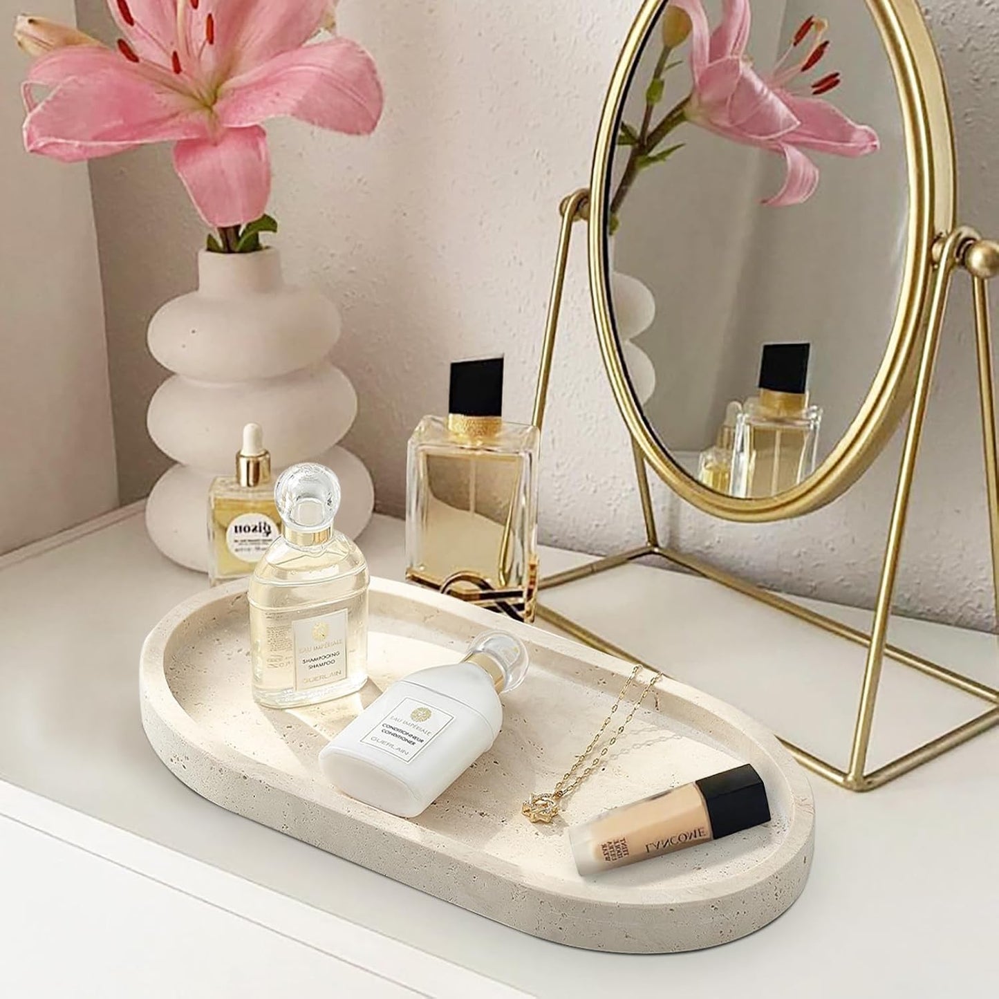 Natural Travertine Tray, Vanity Trays for Bathroom Countertop Organizer, Marble Decor Tray for Kitchen Counter (Beige, 9.8")