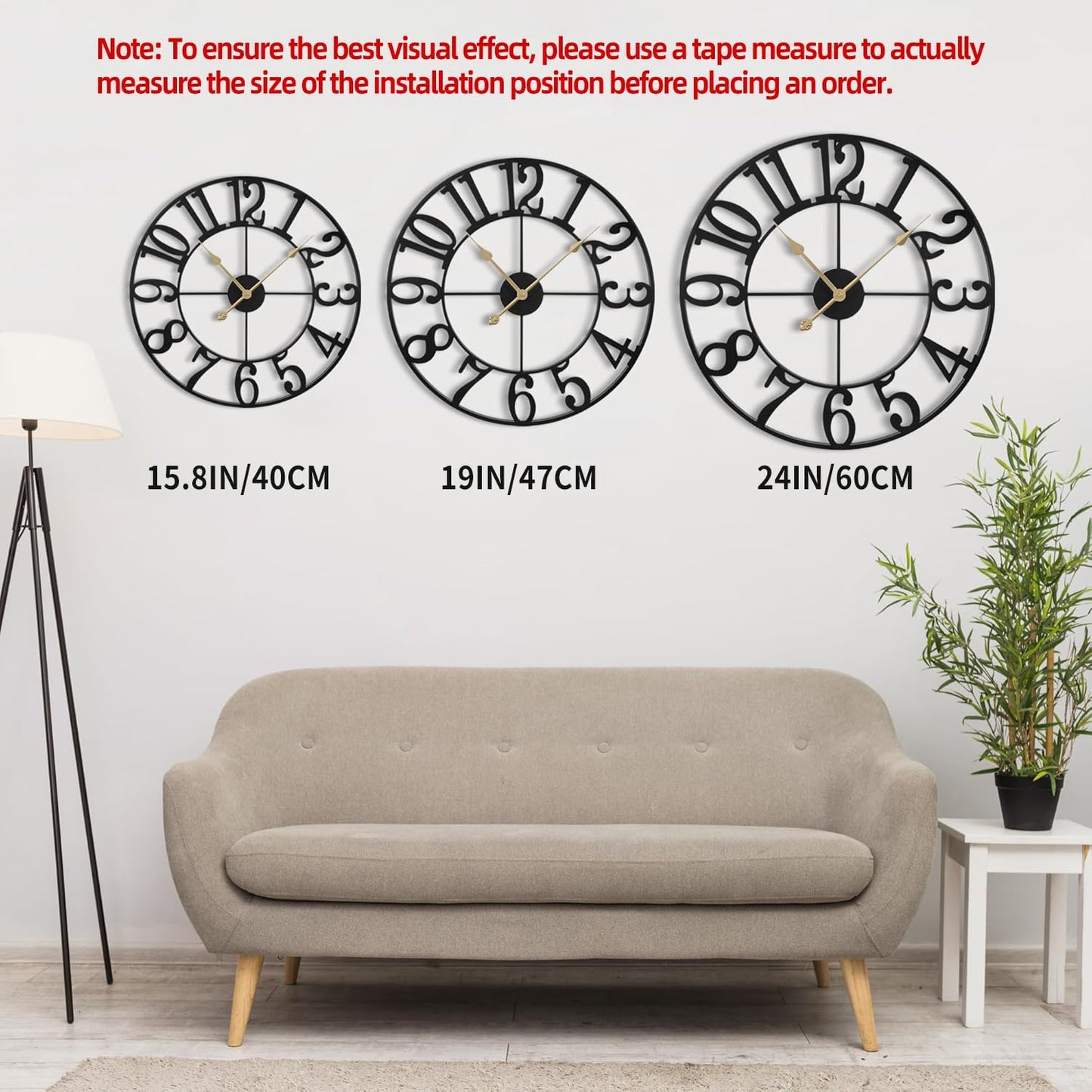 LEIKE Large Wall Clock, 24" Silent Non-Ticking, Battery Operated, Oversized, Decorative Retro Black Metal Clock for Living Room,Farmhouse, Dinner Room,Indoor, Outdoor Decor(60cm, Black Arabic Number)