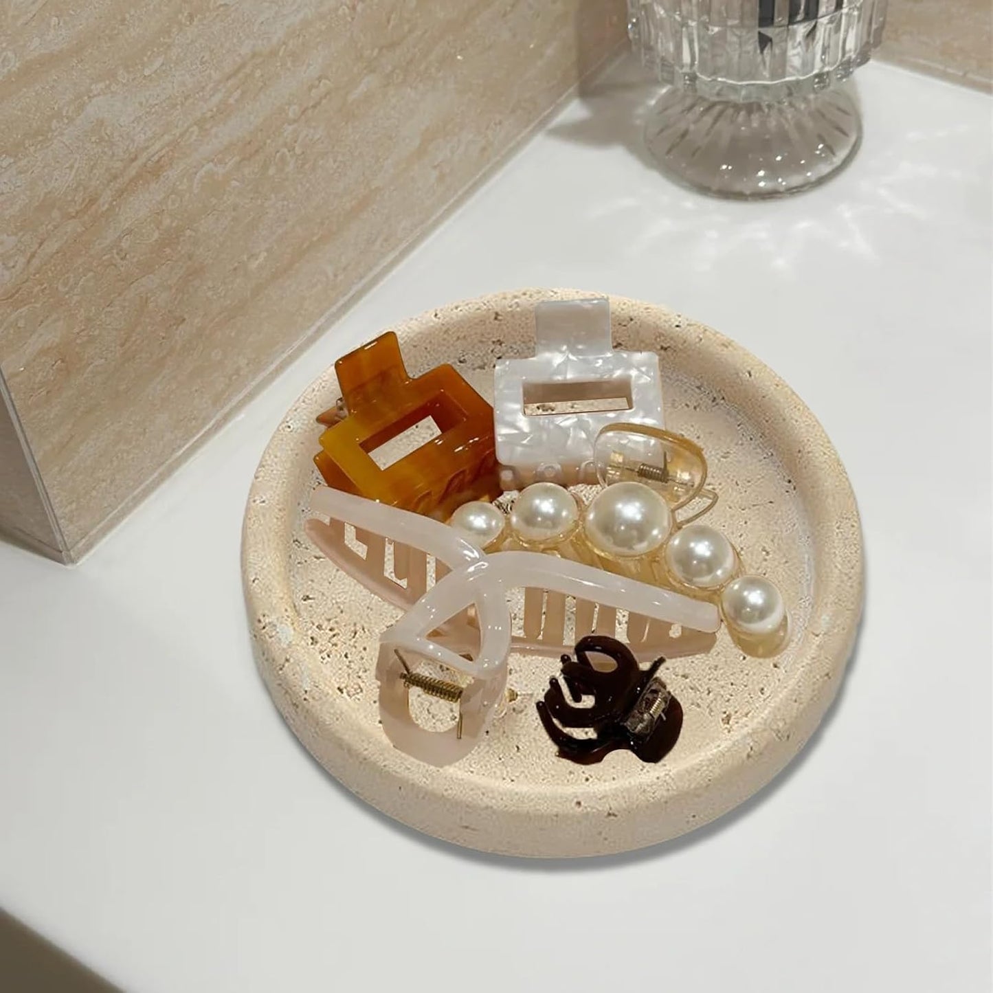 Natural Travertine Jewelry Ring Dish Tray for Women, 5.9 Inch Round Ring Dish, Marble Tray, Marble Bowl, Table Decor, Dresser Organizer for Nightstand, Bathroom, Kitchen