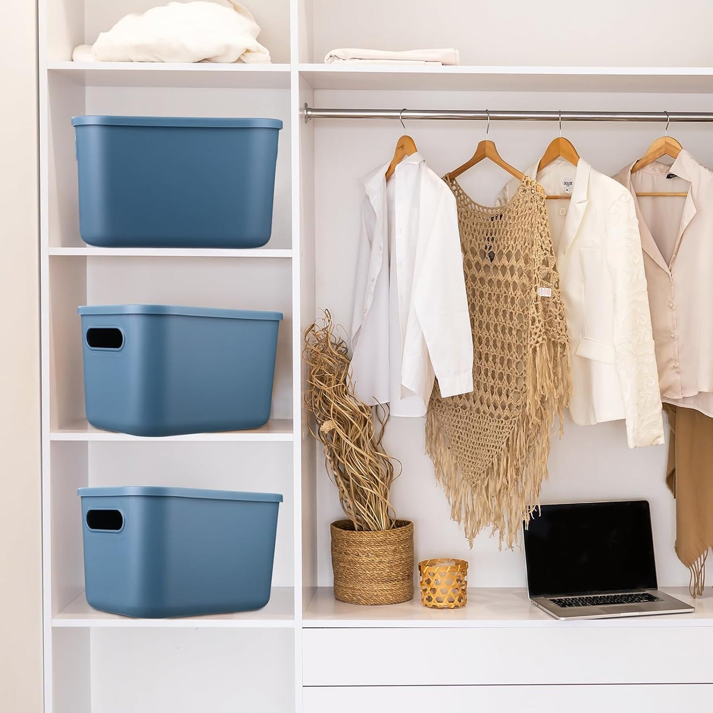Hoolerry 8 Pieces Colorful Storage Bins with Lid, Plastic Storage Basket Organizing Container Stackable Box with Handle for Shelves Desktop Playroom Office(16.1 x 12.0 x 9.7 Inch,Blue)