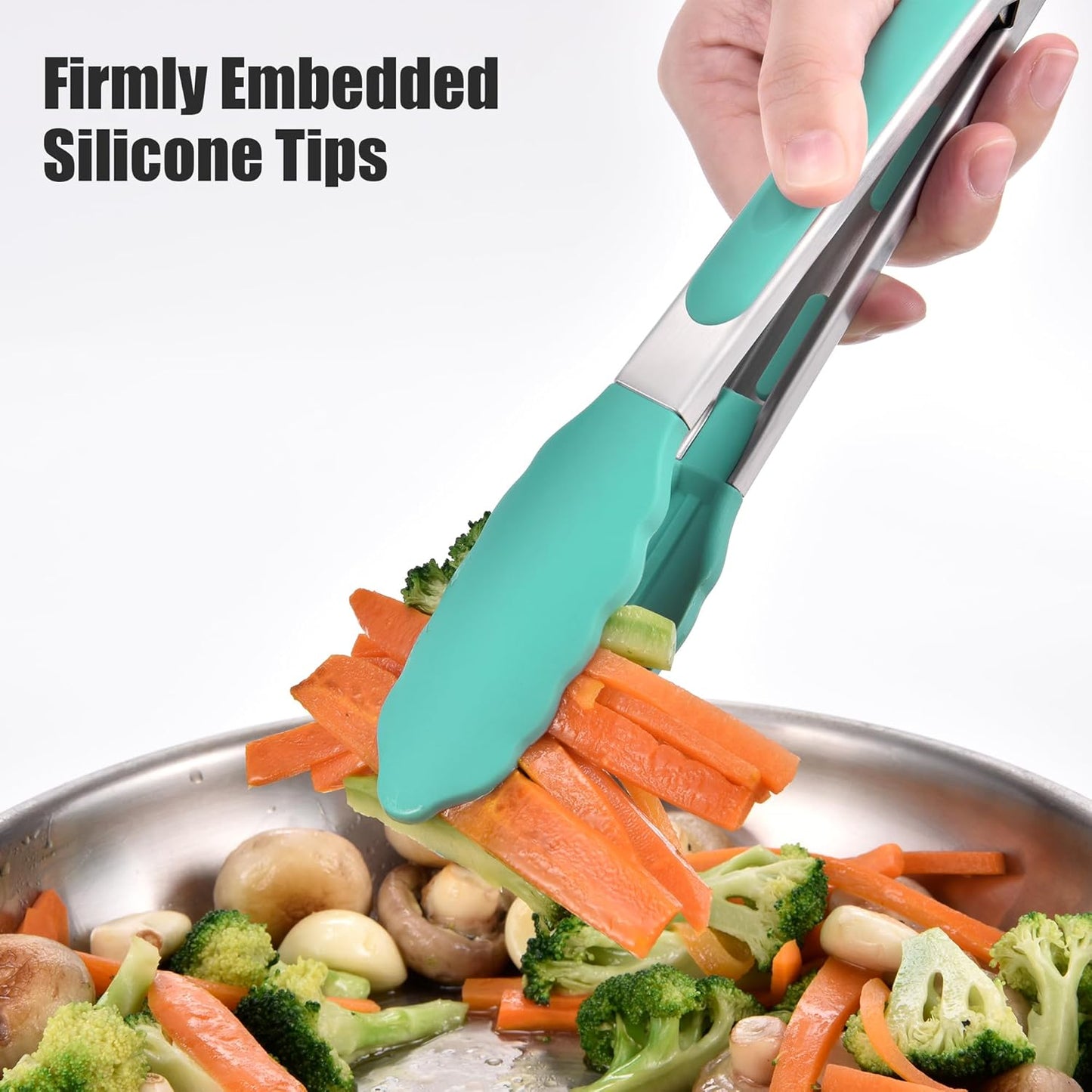 Doosu Kitchen Tongs for Cooking - 600°F Heat Resistant Food Tong Set with Non-Scratch Silicone Tips, Heavy Duty Stainless Steel Locking Tong for BBQ, Grilling Steak, Serving (7+9+12in, Aqua Sky)