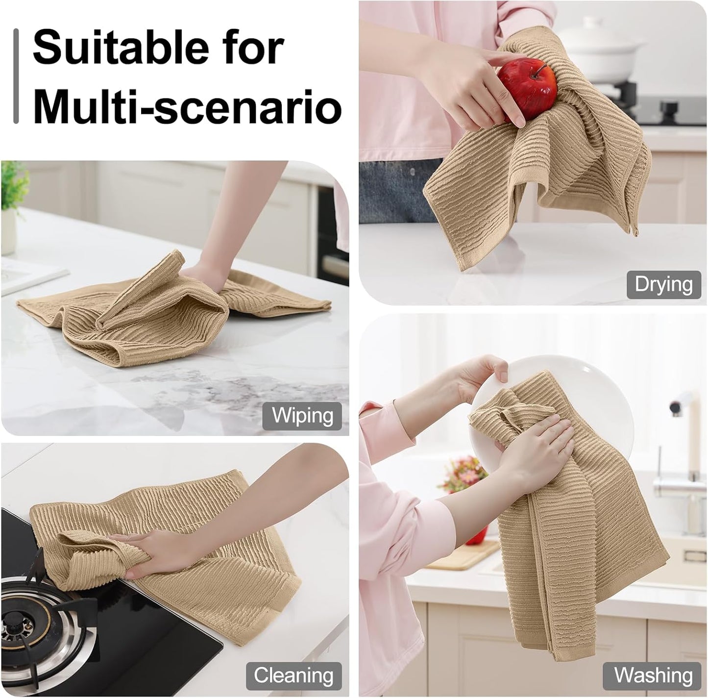 Homaxy Premium Kitchen Towels (18"x 28", 6 Pack), Large 100% Cotton Kitchen Hand Towels, Ultra Absorbent Ribbed Terry Tea Towels Set with Hanging Loop, Khaki