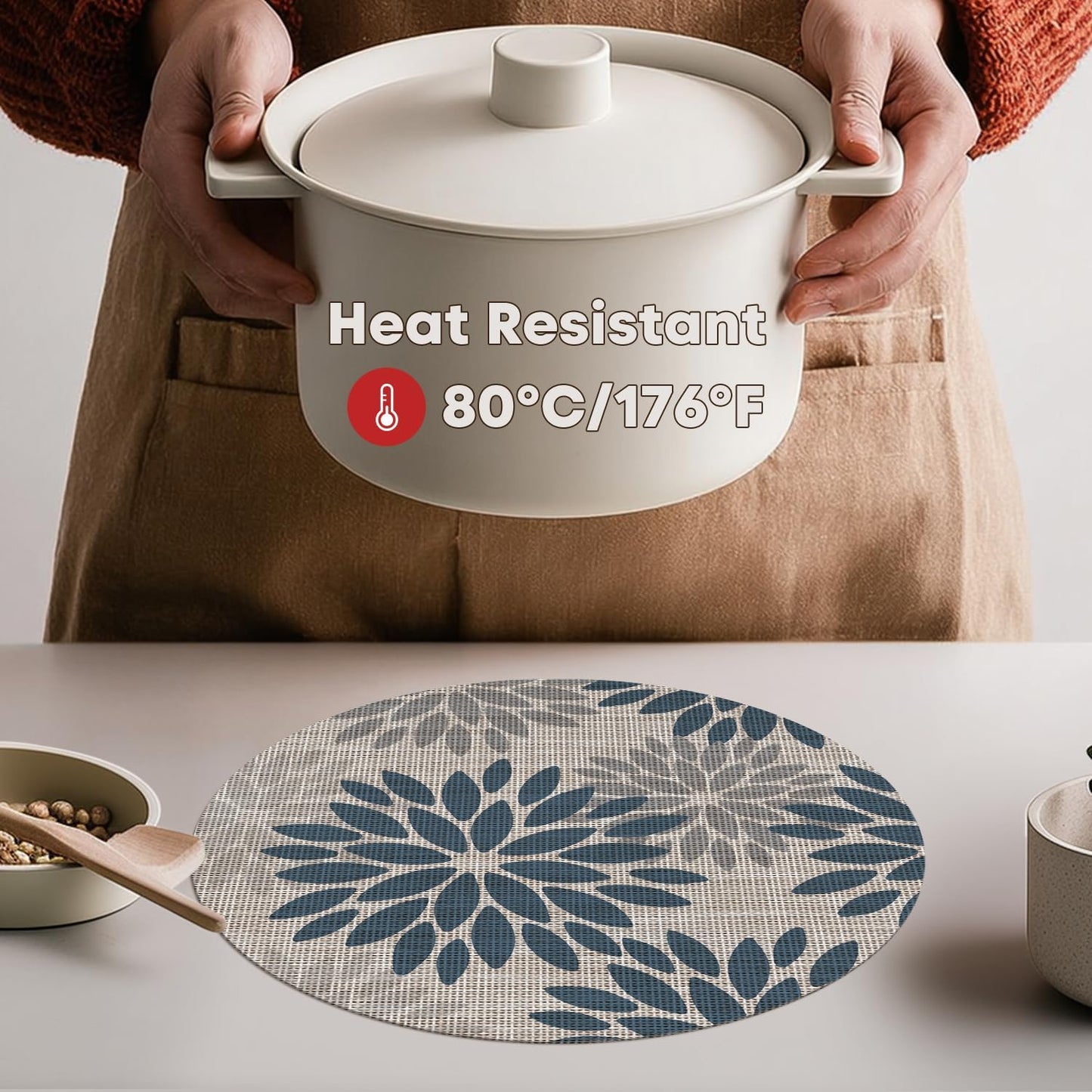 Artoid Mode Navy Dahlia Plastic Round Placemats Set of 4, 14 Inch Seasonal Wipeable Woven Vinyl Table Mats for Farmhouse Party Kitchen Dining Decor