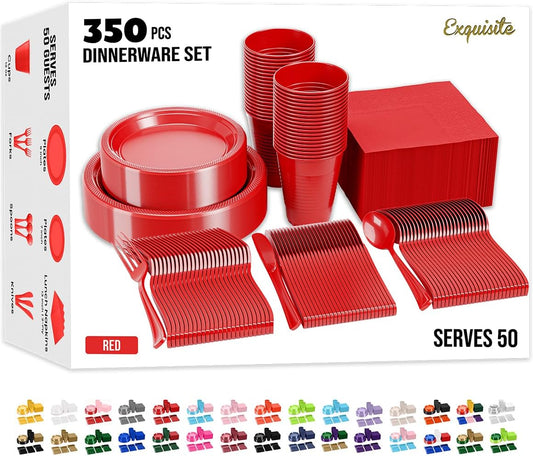 Party Solids 350 Pieces Red Plastic Plates For Party, Red Disposable Plates Set, 50 Of Each 9" Dinner Plate Set, 7" Dessert Plate, Cups, Napkins & Cutlery Plastic Dinnerware