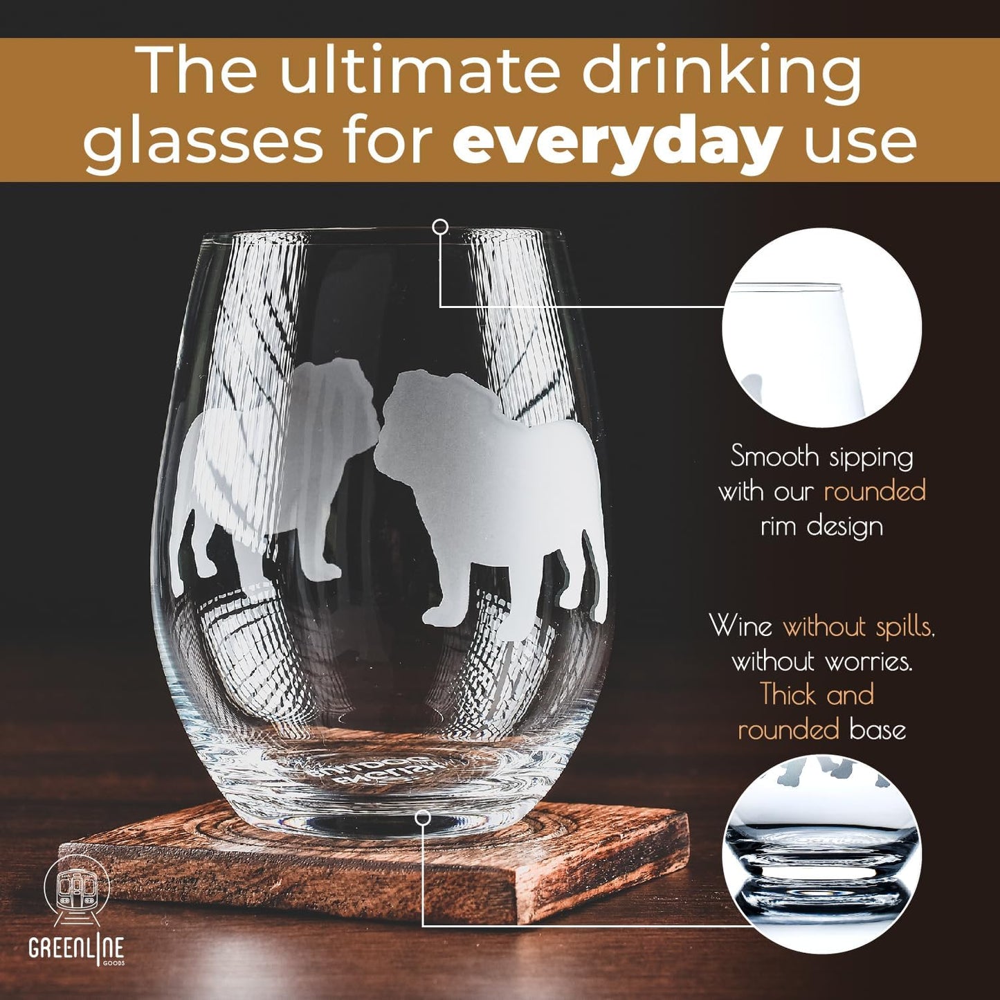 Bulldog Wine Glasses (Set of 2) | Unique for Dog Lovers | Hand Etched with Breed Name on Bottom