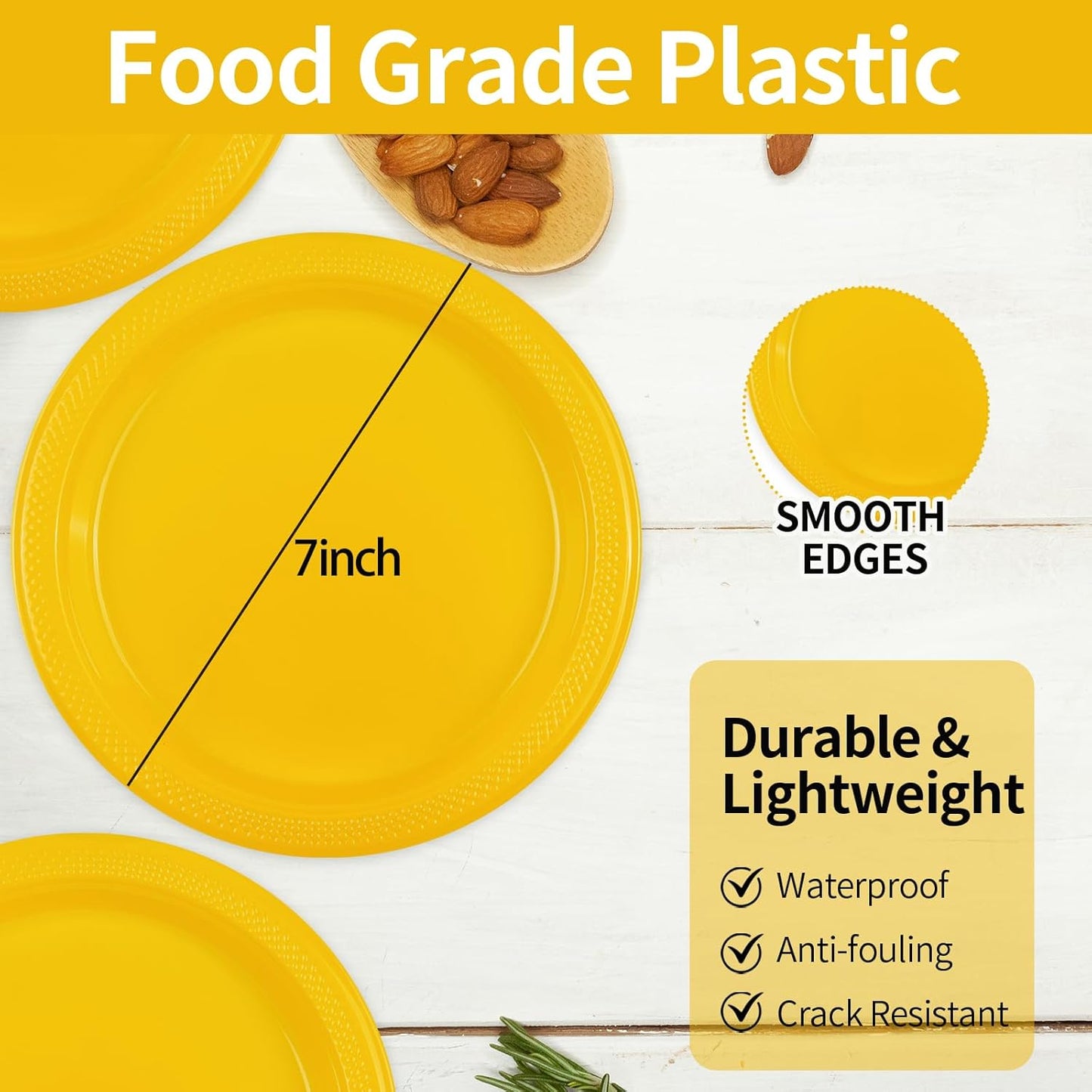 7inch Yellow Plastic Plates Disposable 100 pcs Party Dessert Dinner Plates Heavy Duty for Party,Wedding, Valentines