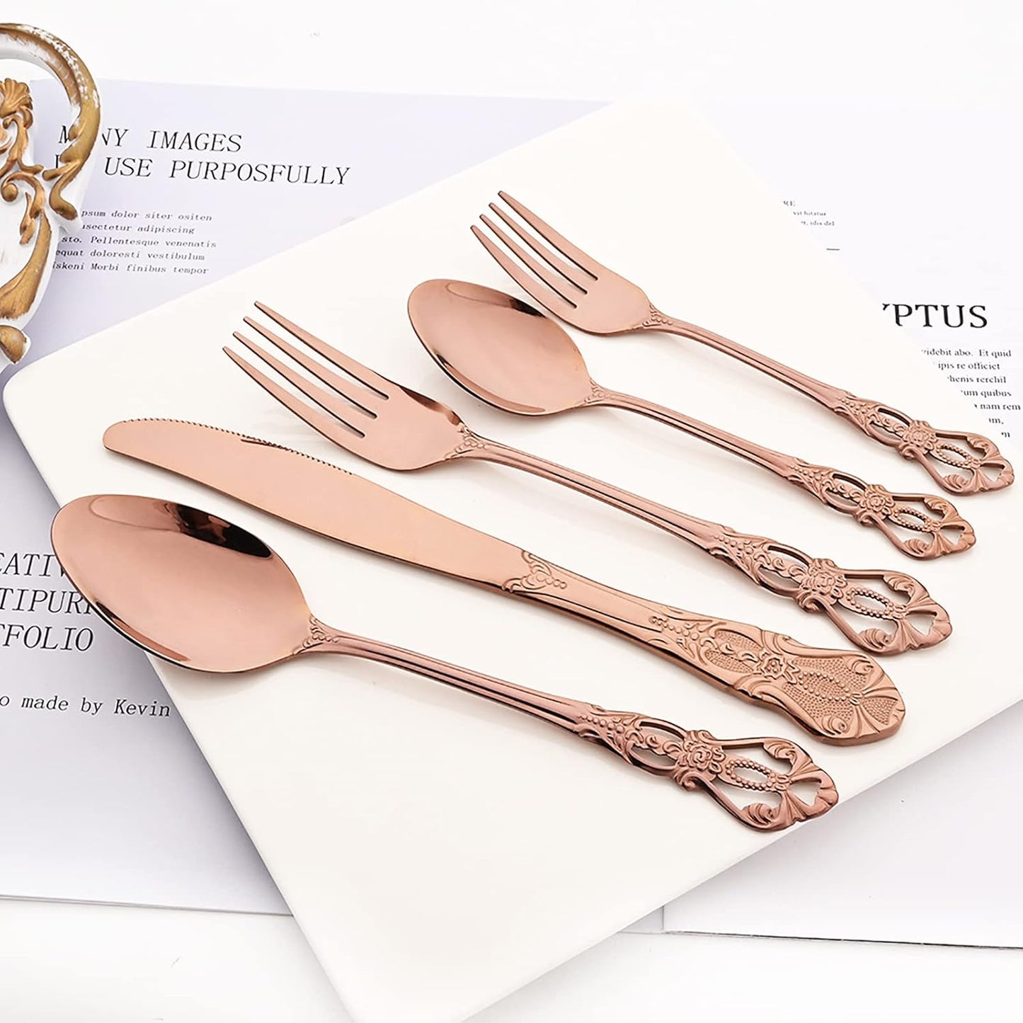Royal 24-piece Rose Gold Mirror Silverware Dinnerware, 18/10 Stainless Steel Luxury Flatware Service For 6 Tableware Ideal For Wedding Home Restaurant, Dishwasher Safe