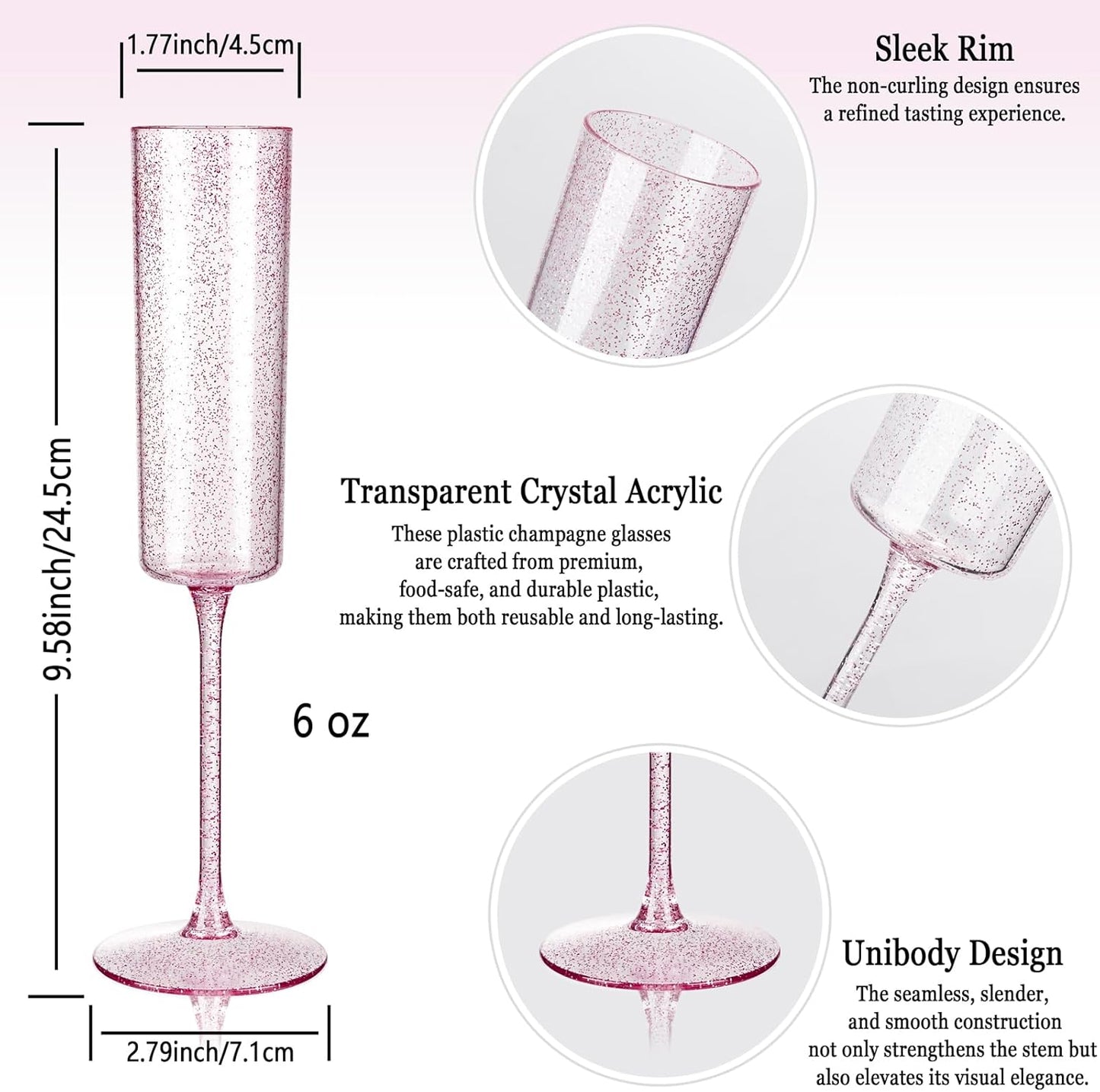 YOUBET 24 Pack Plastic Champagne Flutes - 6 Oz Rose Gold Glitter Disposable Champagne Glasses - Pink Square Plastic Wine Cups Wedding Toasting for Party Birthday Anniversary