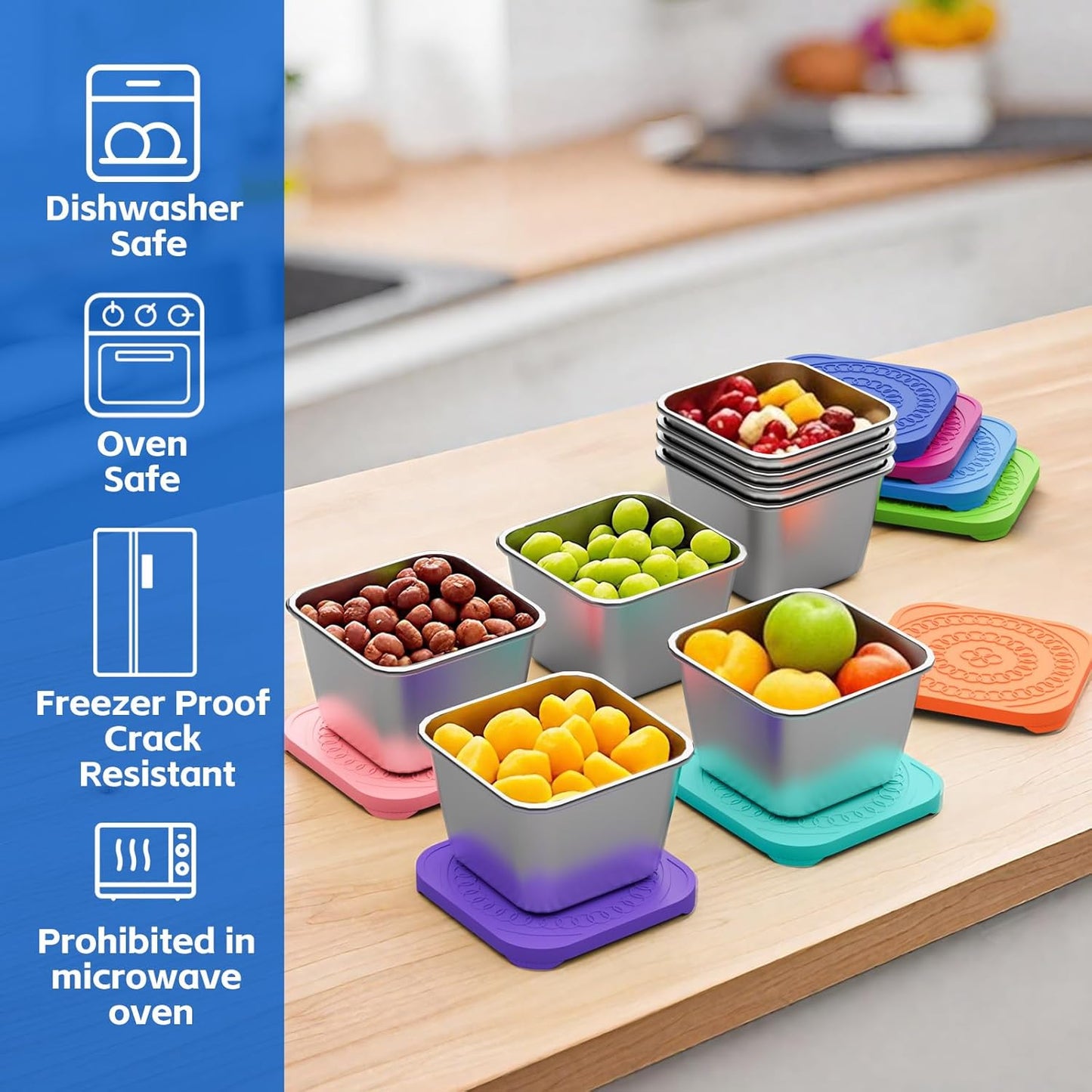Set of 8 Stainless Steel Snack Containers for Kids and Toddler;Snackle Box Container;Leak Proof Stackable Small Metal Food Containers with Silicone Lids