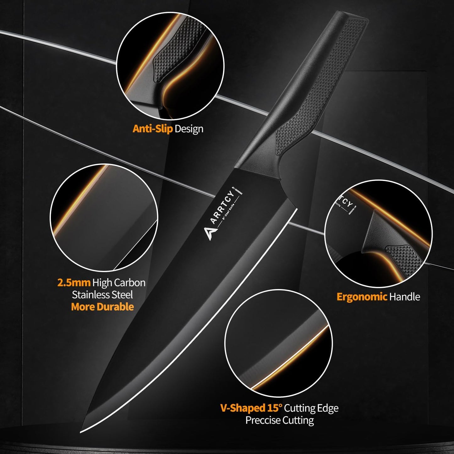 Knife Set with Block - Kitchen Knife Set German High-Carbon Steel - 15-Piece with Built-in Sharpener & Dishwasher Safe - Ergonomic Anti-Slip Handles,Black,Gift Box Included